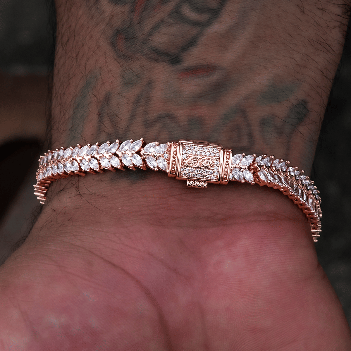 GLD Promo Iced Herringbone Bracelet in Rose Gold- 7mm