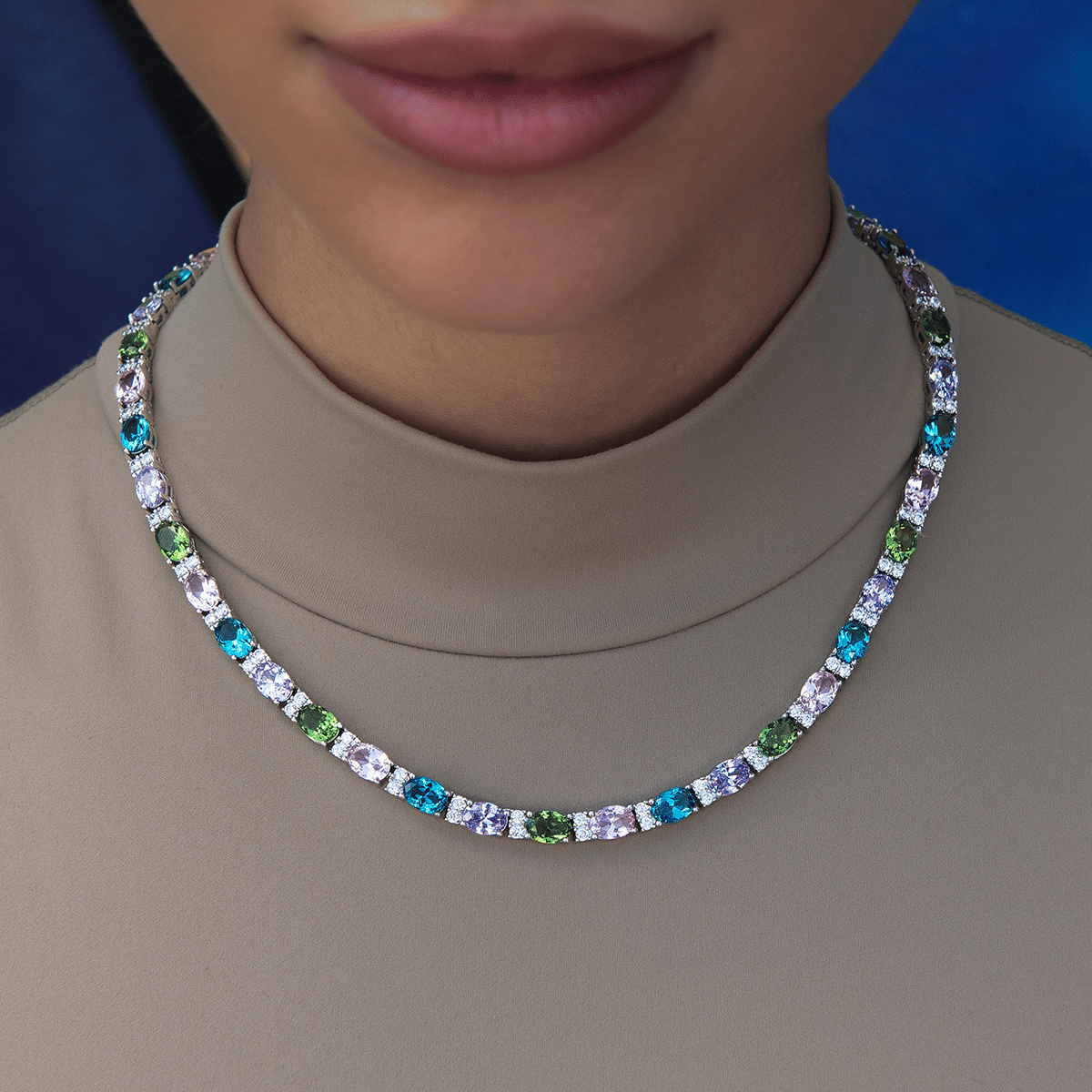 GLD PROMO - WOMEN Multicolor Mixed Oval Cut Tennis Royal Stones Necklace- 5mm