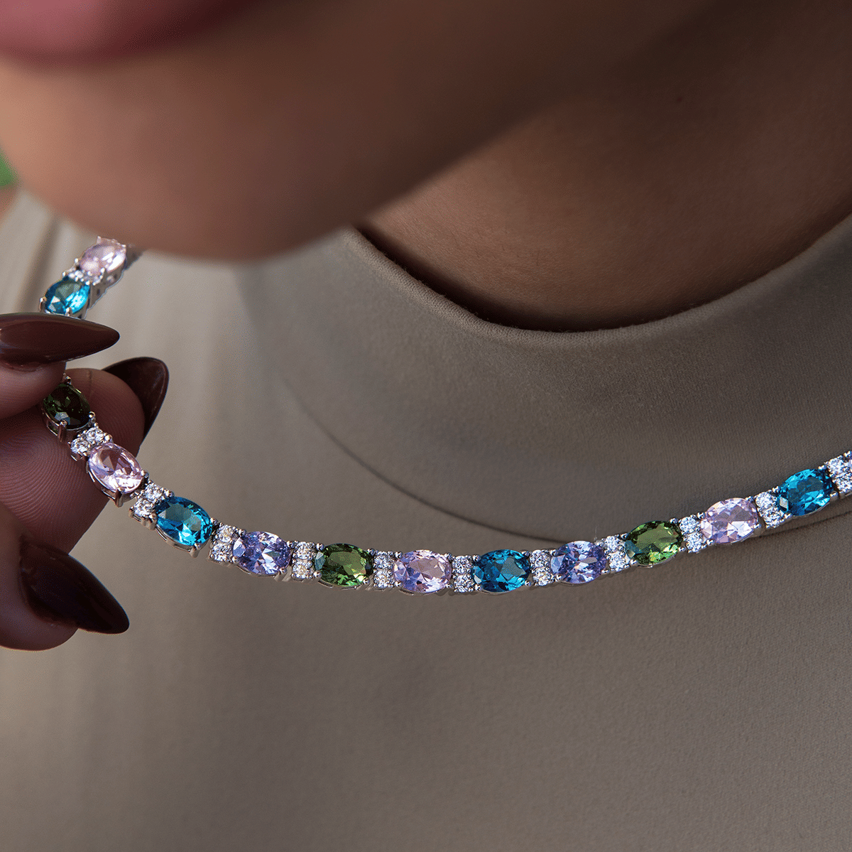 GLD PROMO - WOMEN Multicolor Mixed Oval Cut Tennis Royal Stones Necklace- 5mm