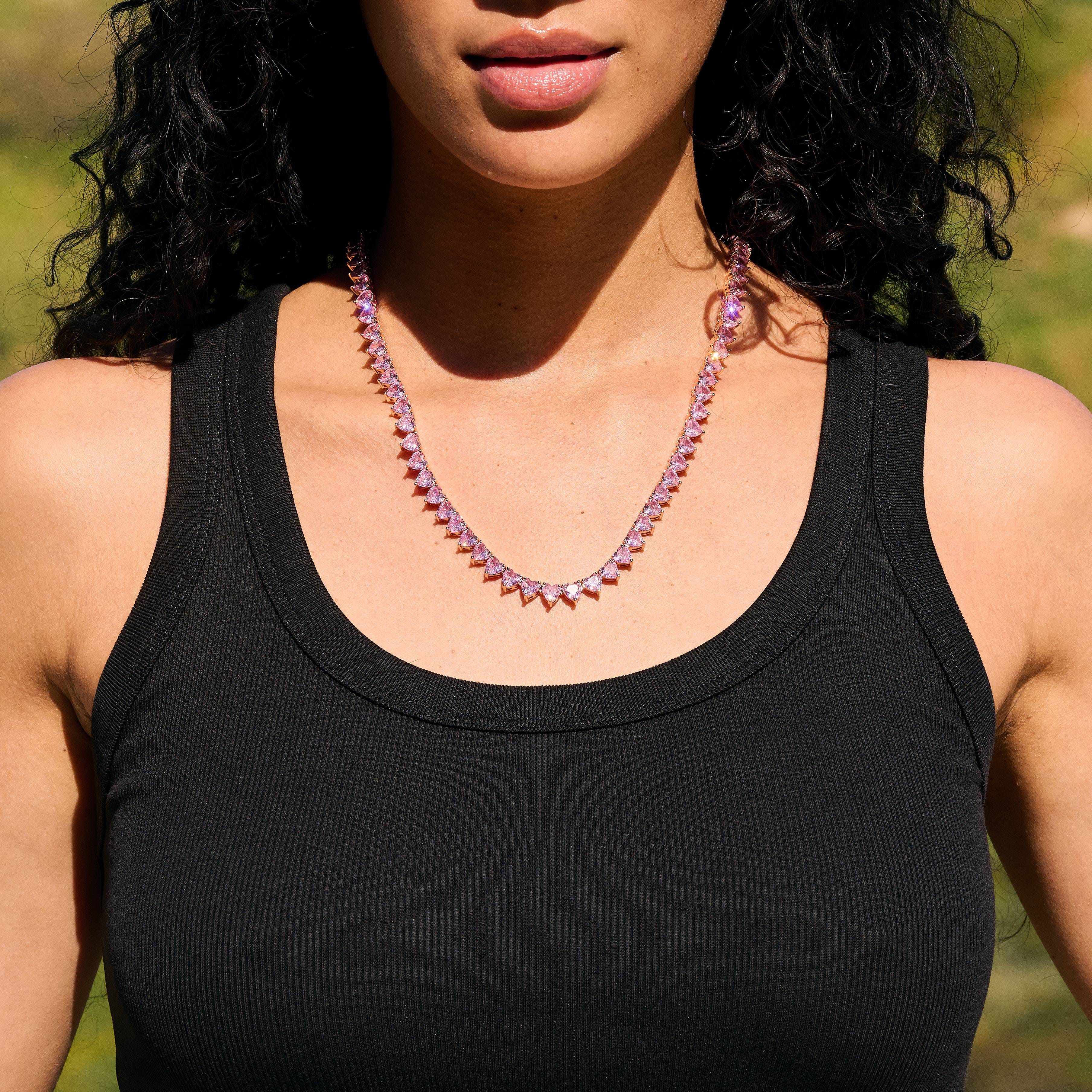 GLD Women Pink Heart Diamond Tennis Necklace in Rose Gold - 6mm