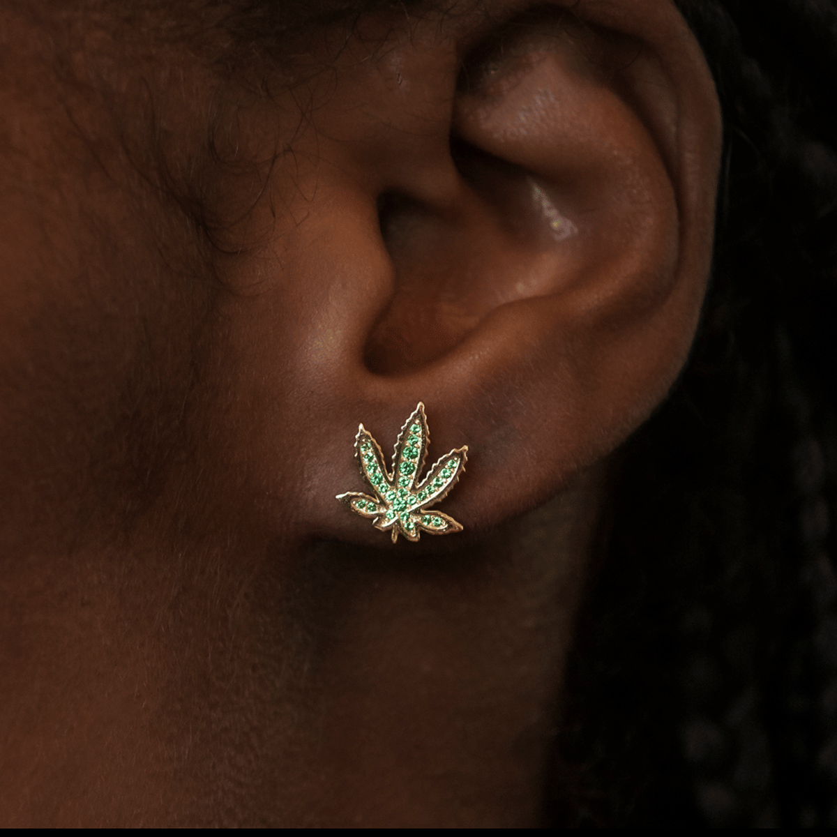 GLD Women Emerald Weed Leaf Stud Earrings