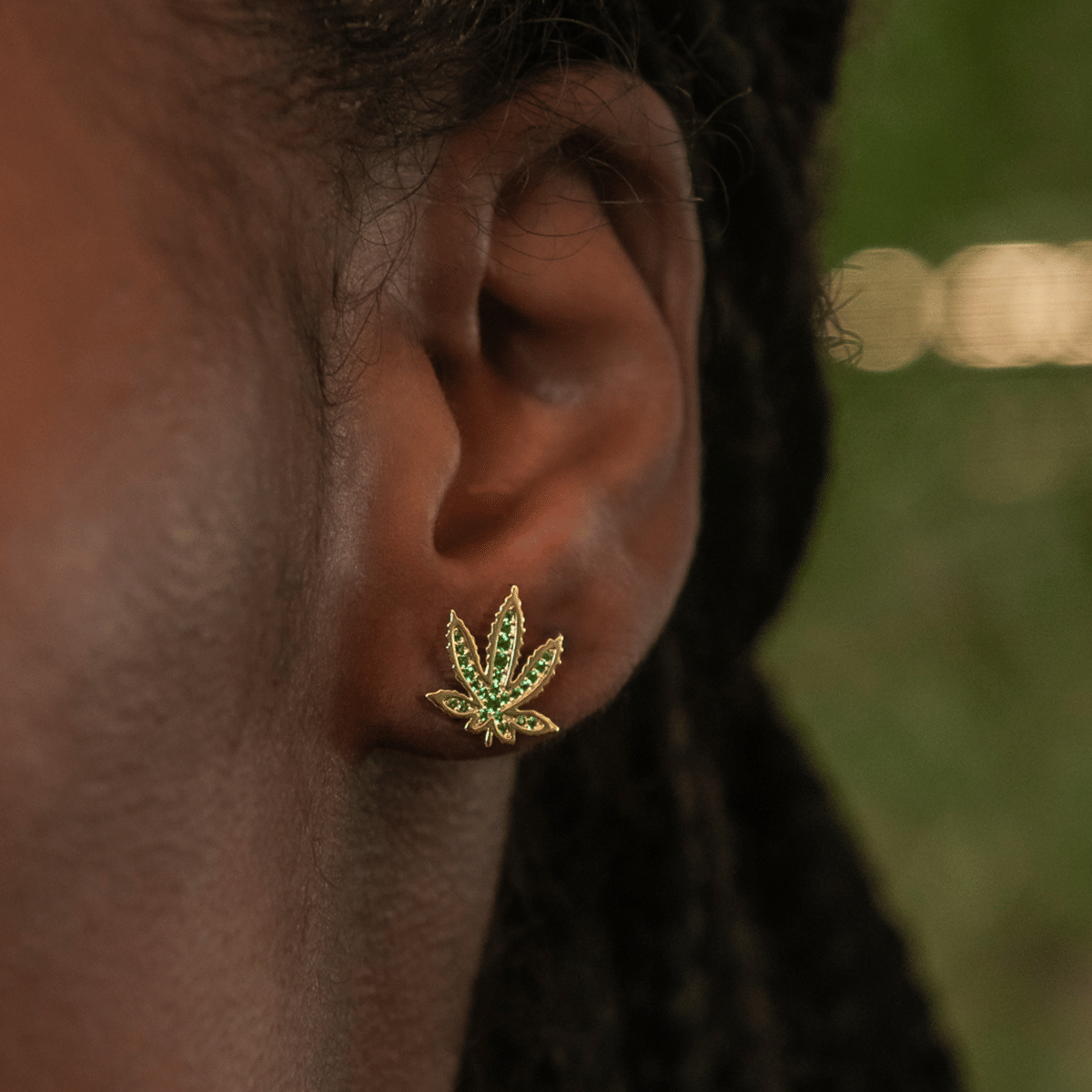 GLD Women Emerald Weed Leaf Stud Earrings