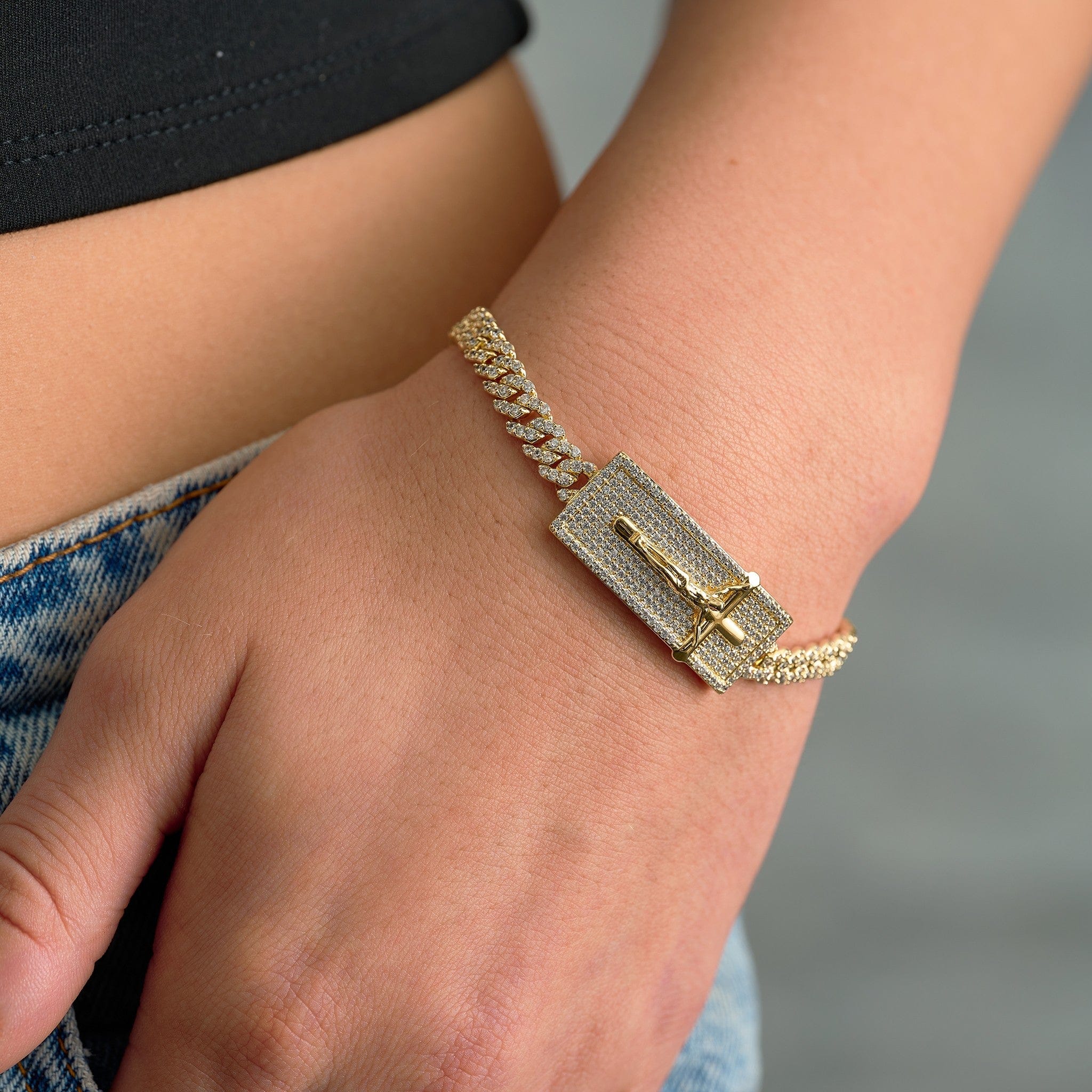 GLD Women Iced Crucifix Cross Plate Bracelet in Yellow Gold