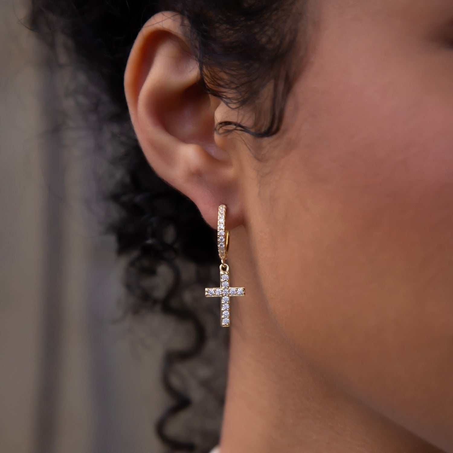 GLD Women Diamond Cross Micro Huggie Hoop Earrings in Yellow Gold