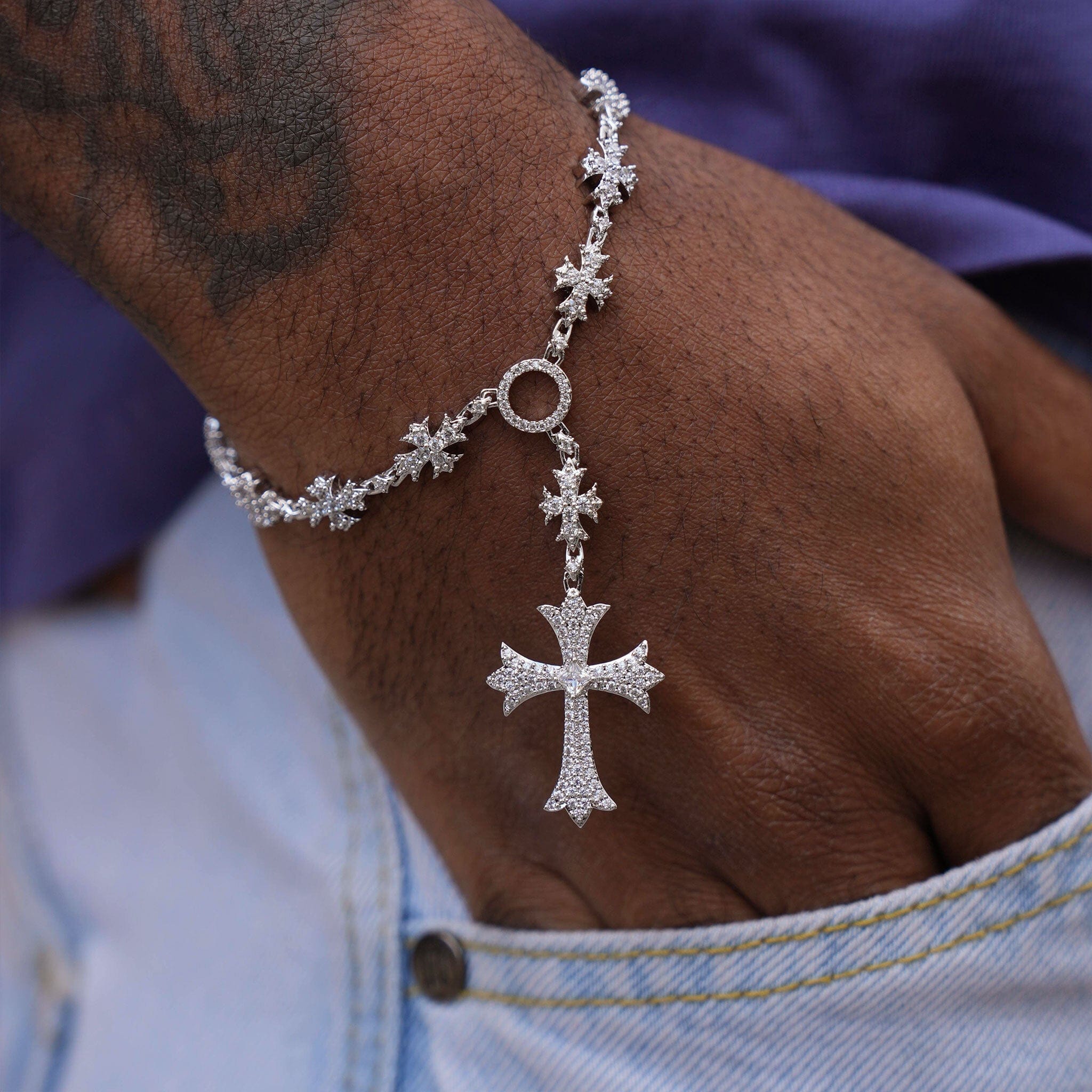 GLD Men Iced Flared Cross Rosary Bracelet in White Gold
