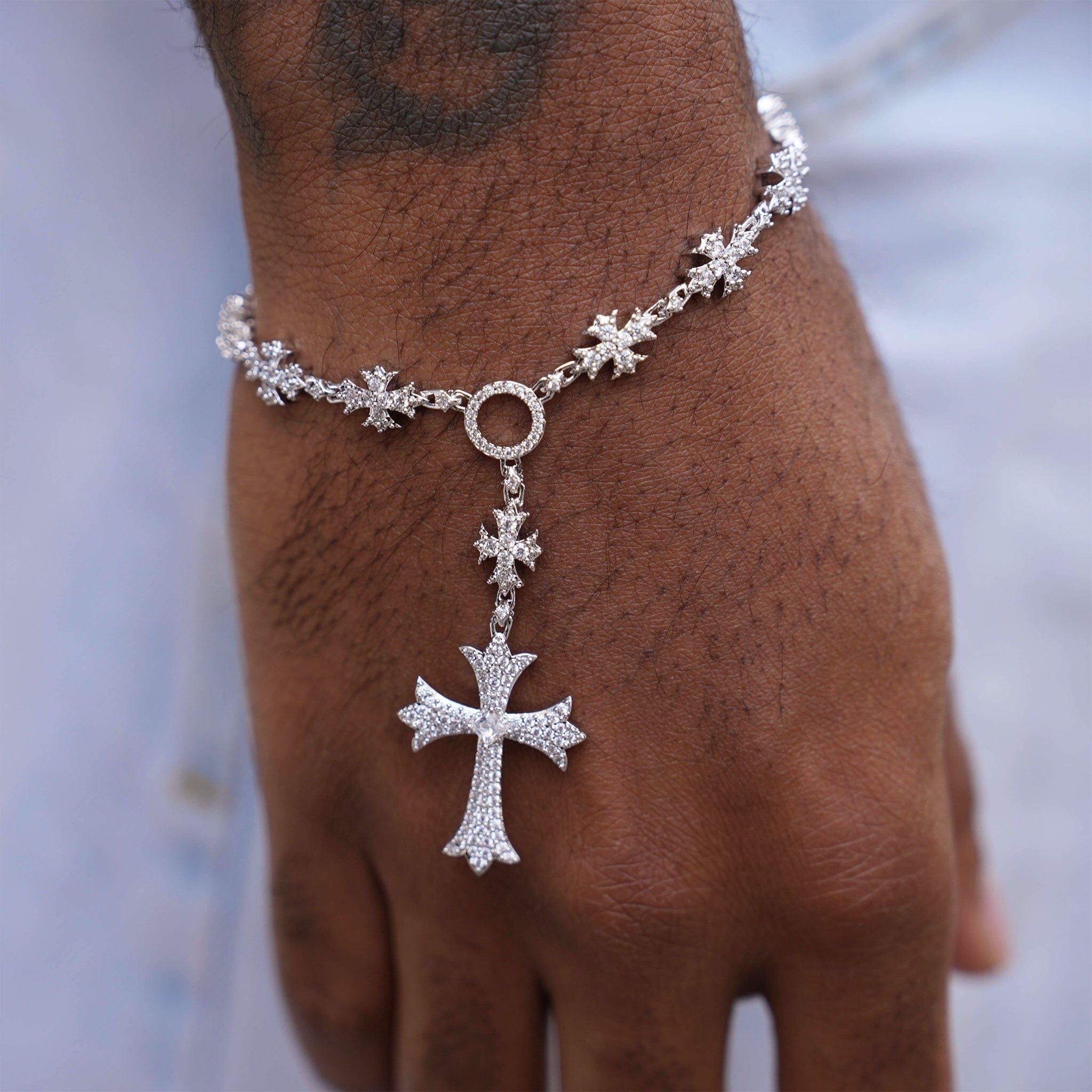GLD Men Iced Flared Cross Rosary Bracelet in White Gold