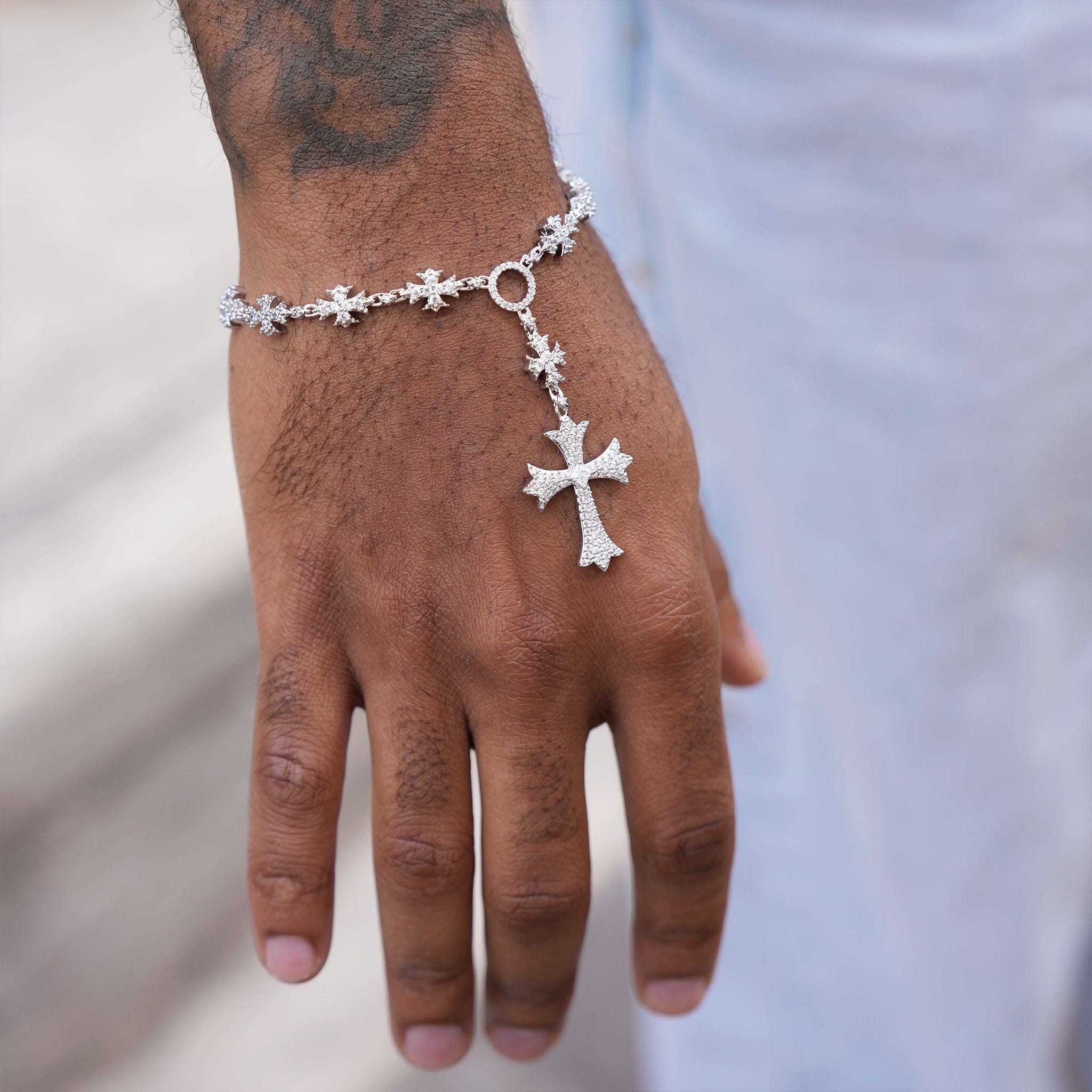 GLD Men Iced Flared Cross Rosary Bracelet in White Gold