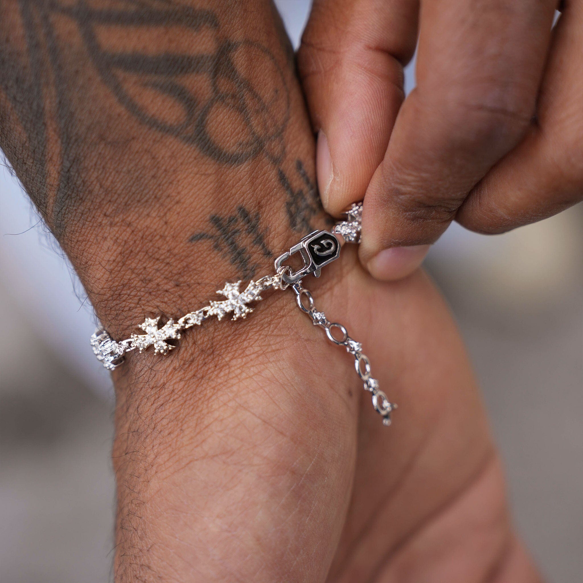 GLD Men Iced Flared Cross Rosary Bracelet in White Gold