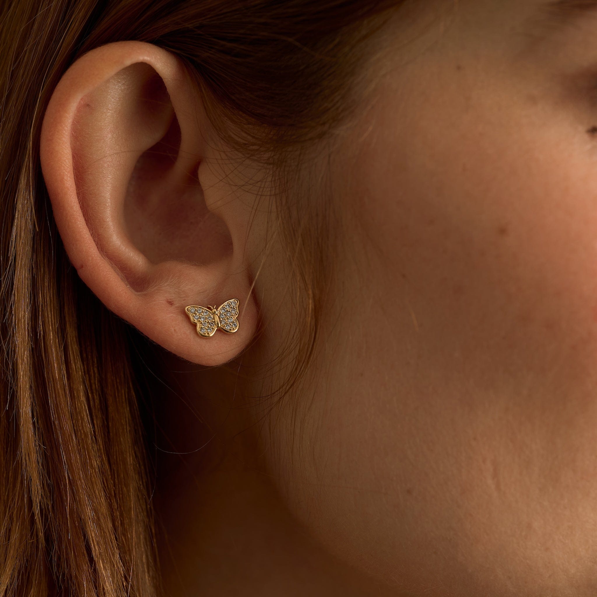 GLD Women Iced Butterfly Stud Earring in Yellow Gold