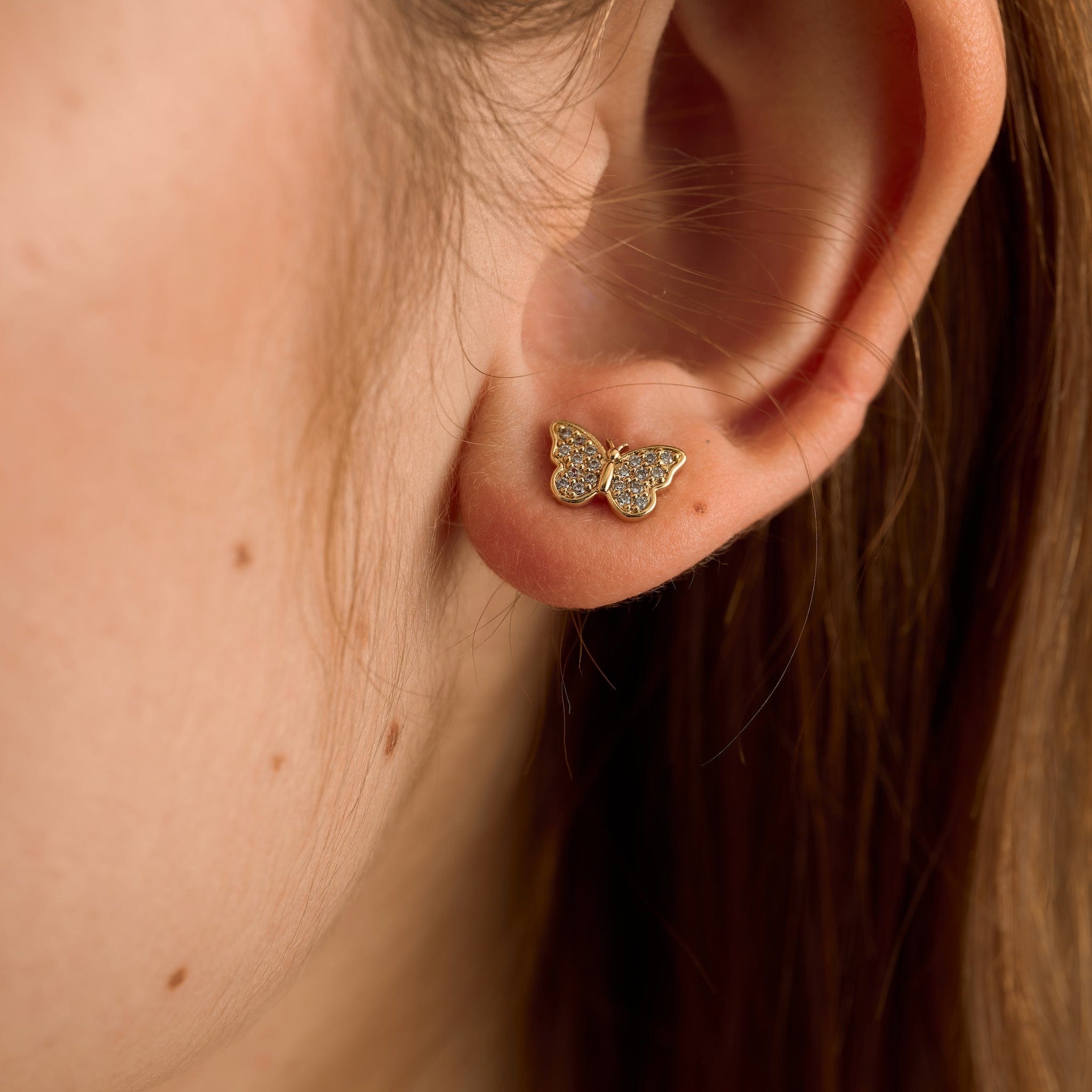 GLD Women Iced Butterfly Stud Earring in Yellow Gold