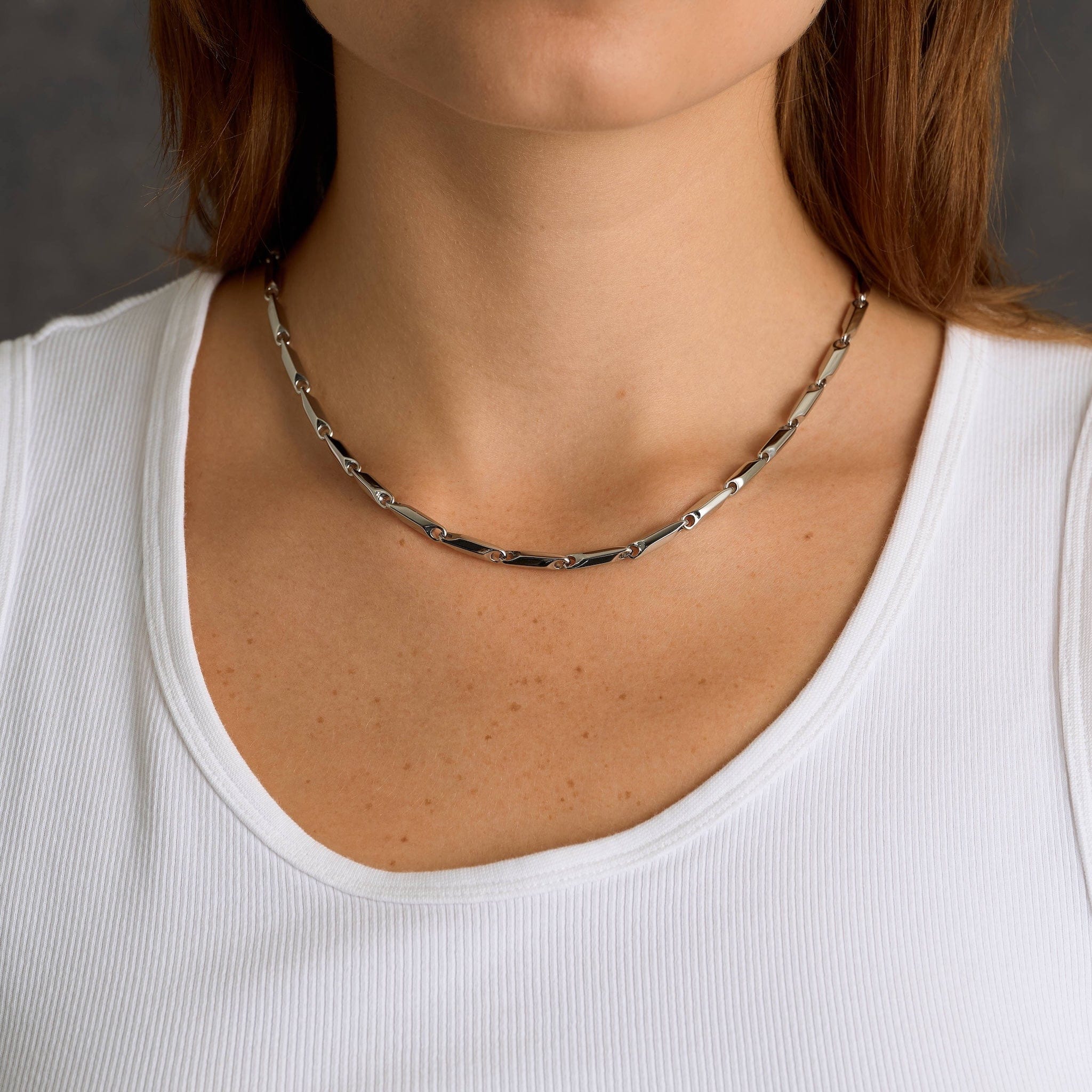 GLD Women Bar Link Chain Necklace in White Gold - 4mm