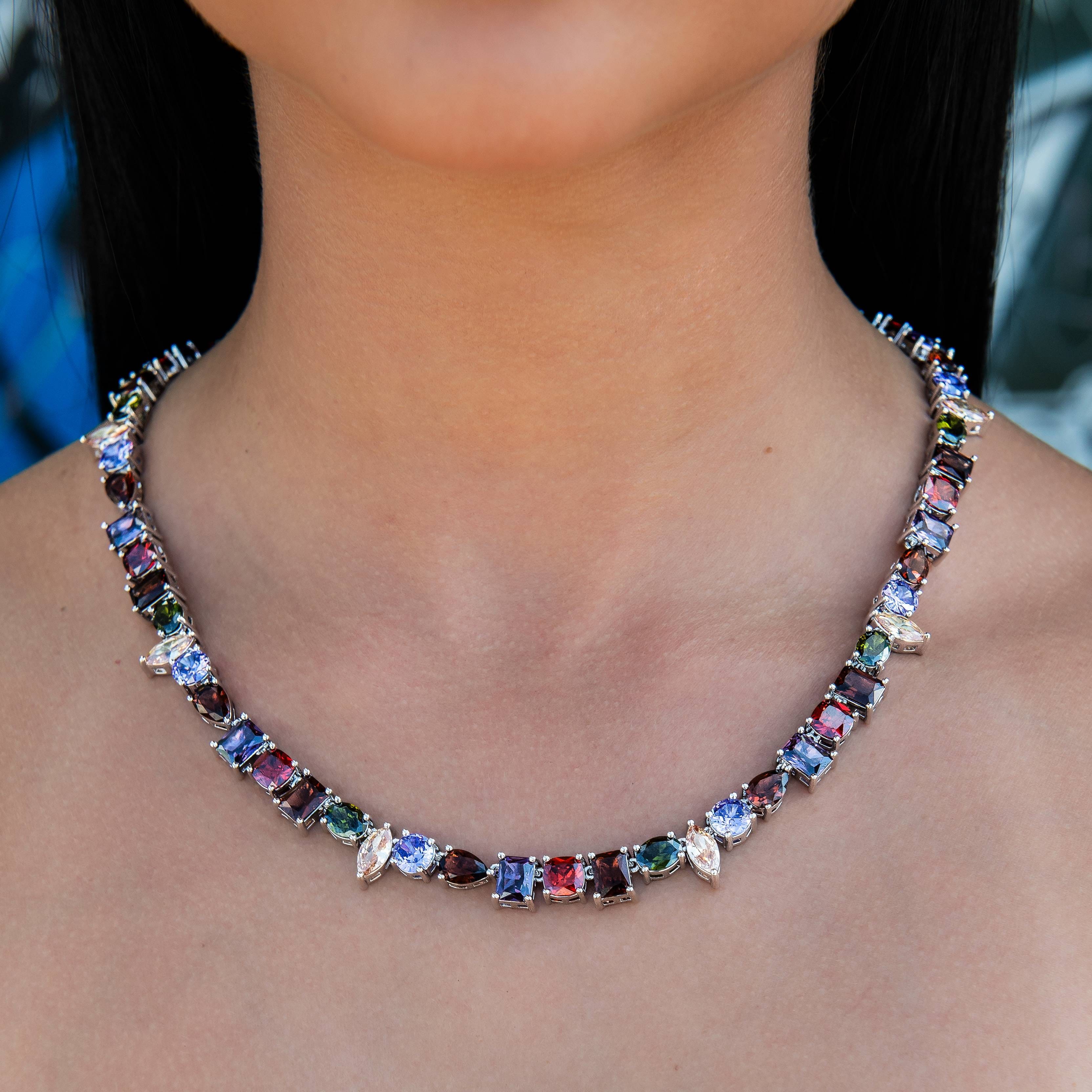 GLD Women Floating Orange Mulicolor Stone Necklace in White Gold