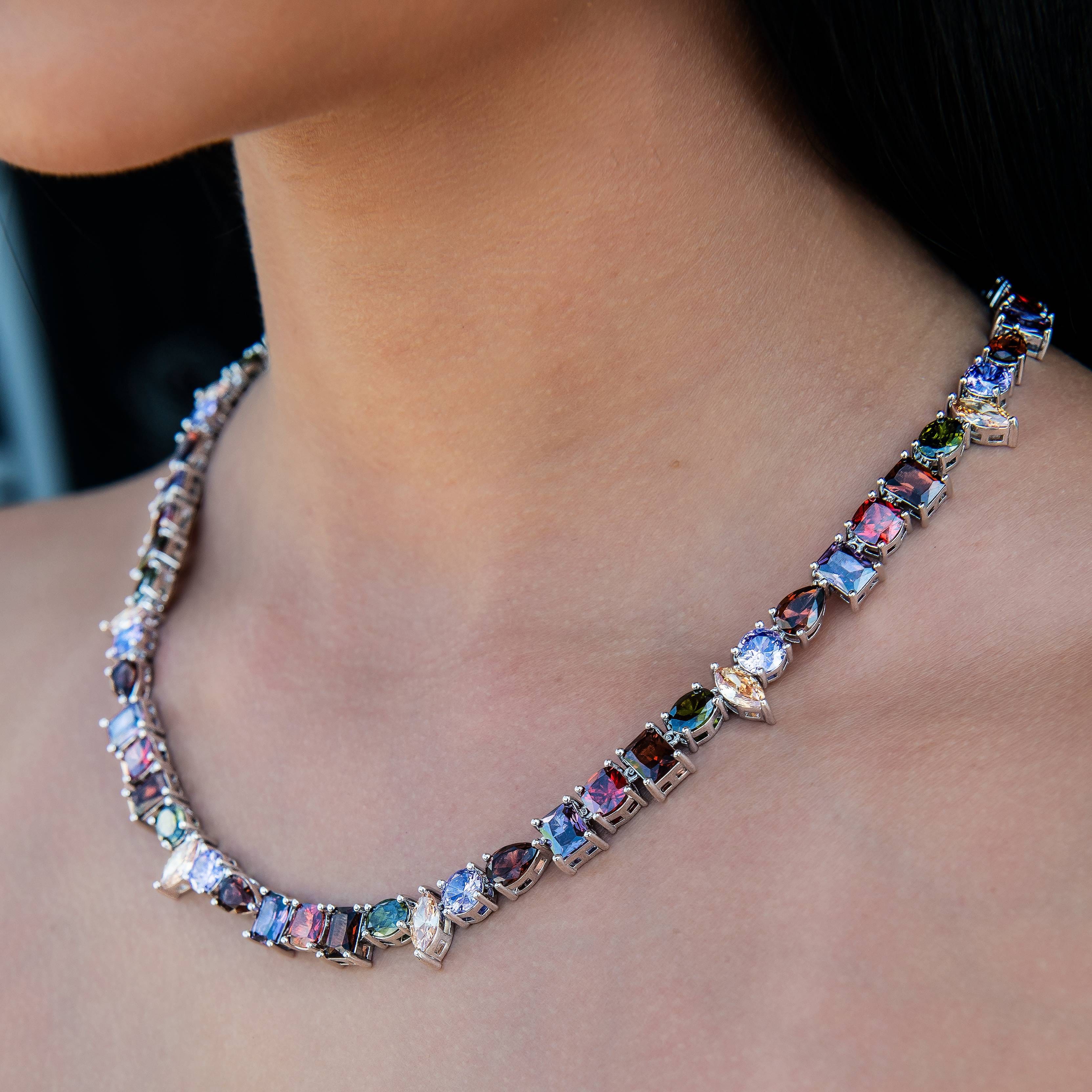 GLD Women Floating Orange Mulicolor Stone Necklace in White Gold