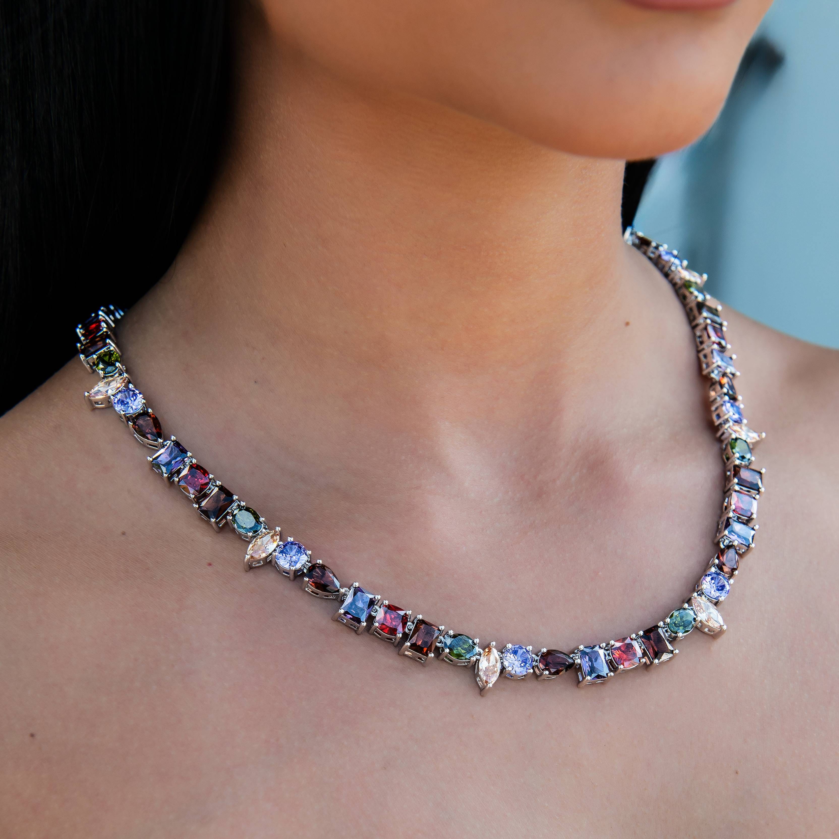 GLD Women Floating Orange Mulicolor Stone Necklace in White Gold
