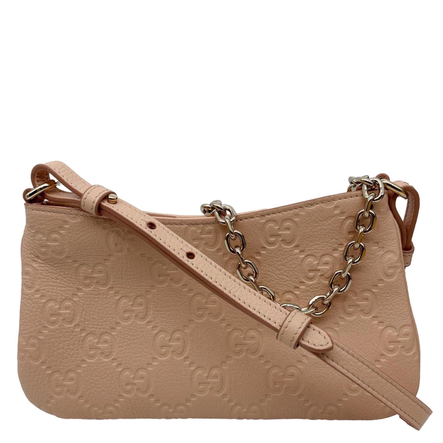 GUCCI GG Emblem Small Embossed Leather Shoulder Bag Pink 815278