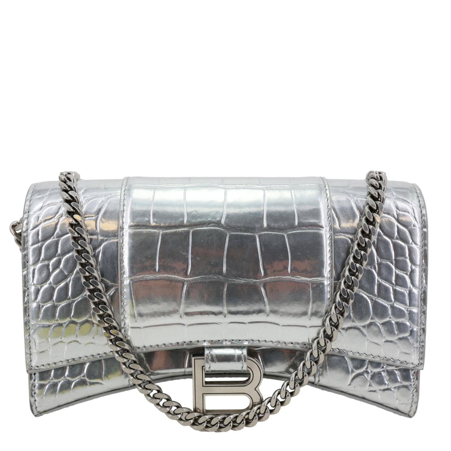 BALENCIAGA Hourglass Calfskin Crocodile Embossed Leather Chain Crossbody Bag Silver