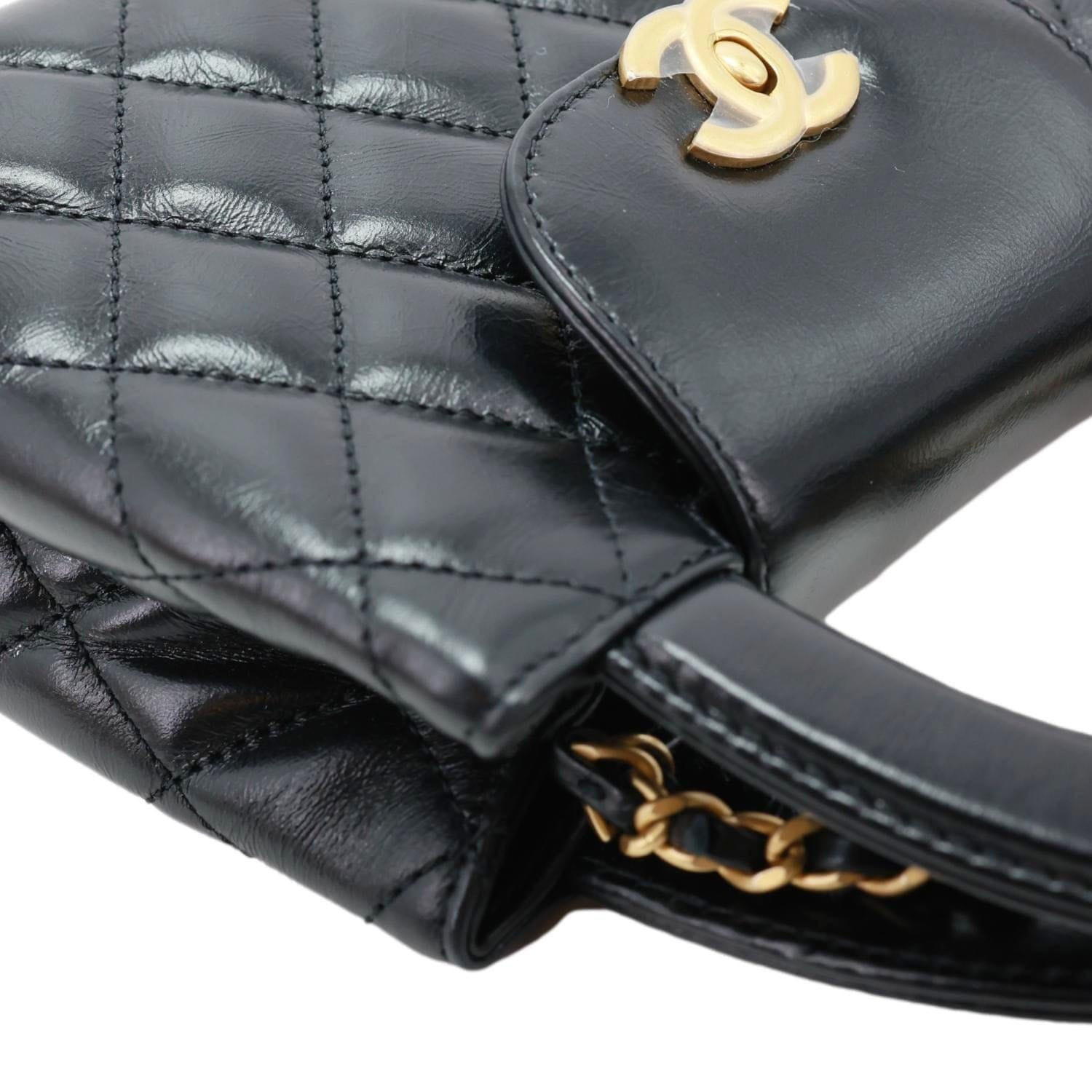 CHANEL Kelly Nano Quilted Aged Calfskin Leather Top Handle Shoulder Bag Black