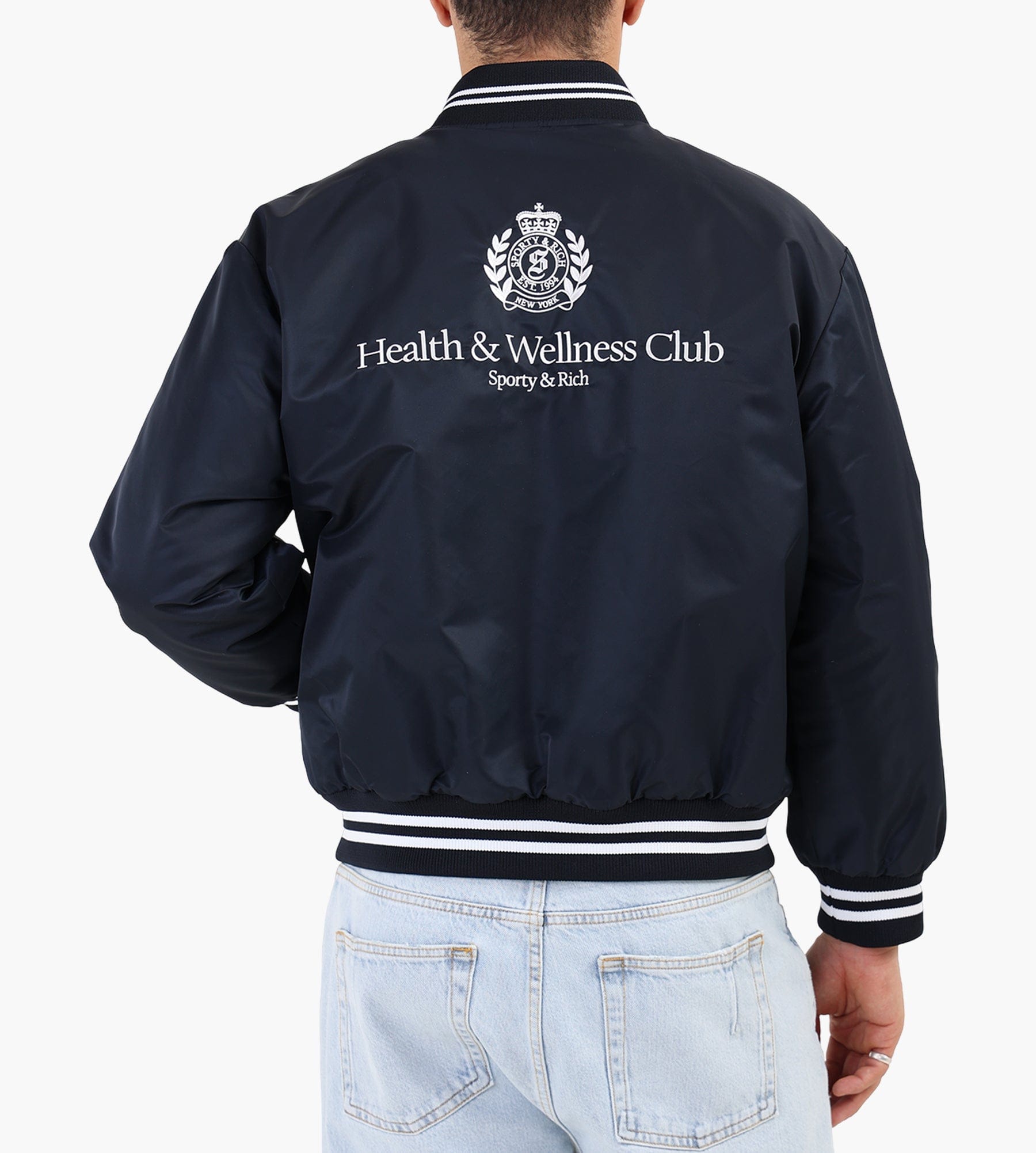 Sporty & Rich H&W Crest Oversized Varsity Jacket Dark Navy White White