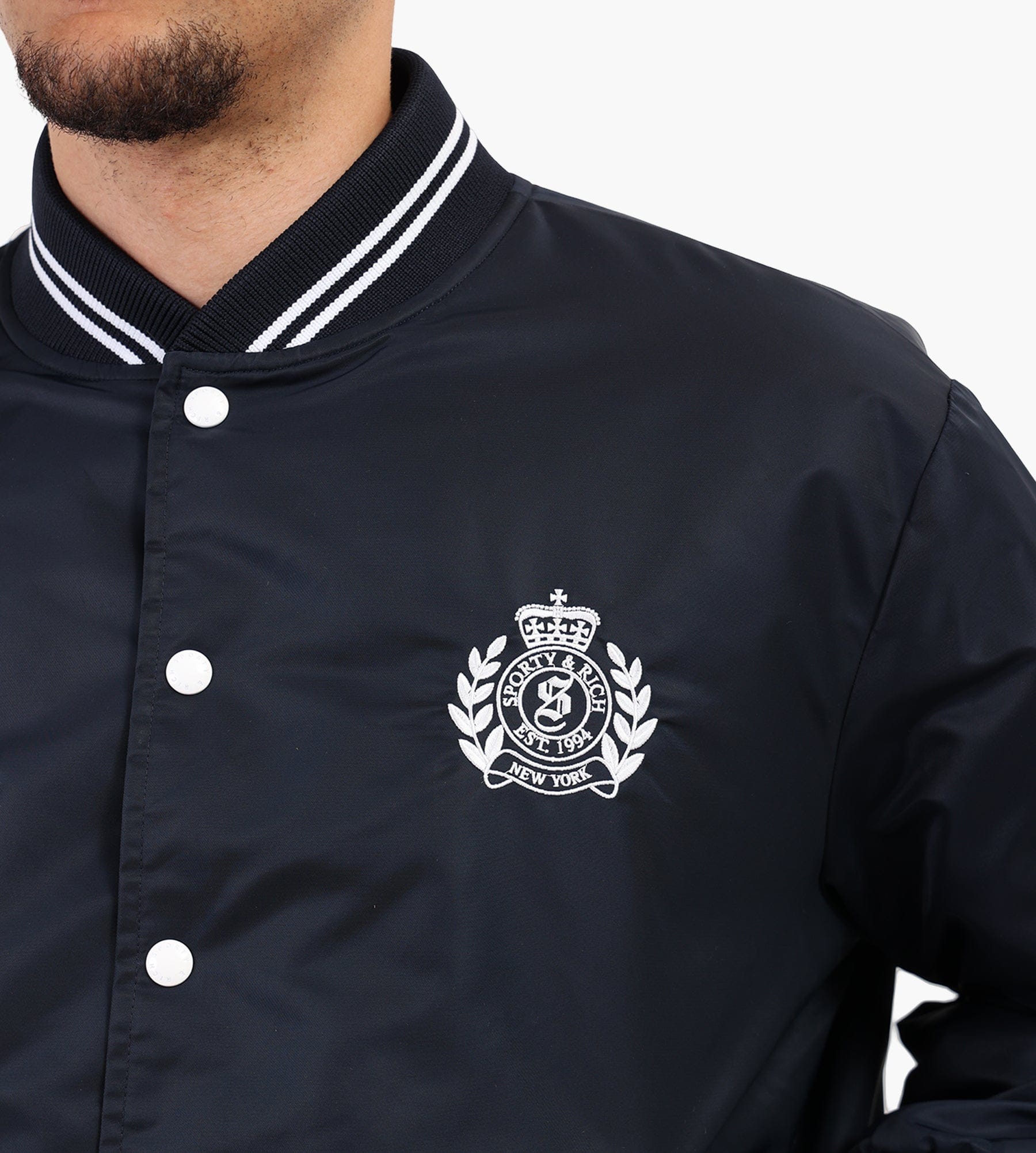 Sporty & Rich H&W Crest Oversized Varsity Jacket Dark Navy White White