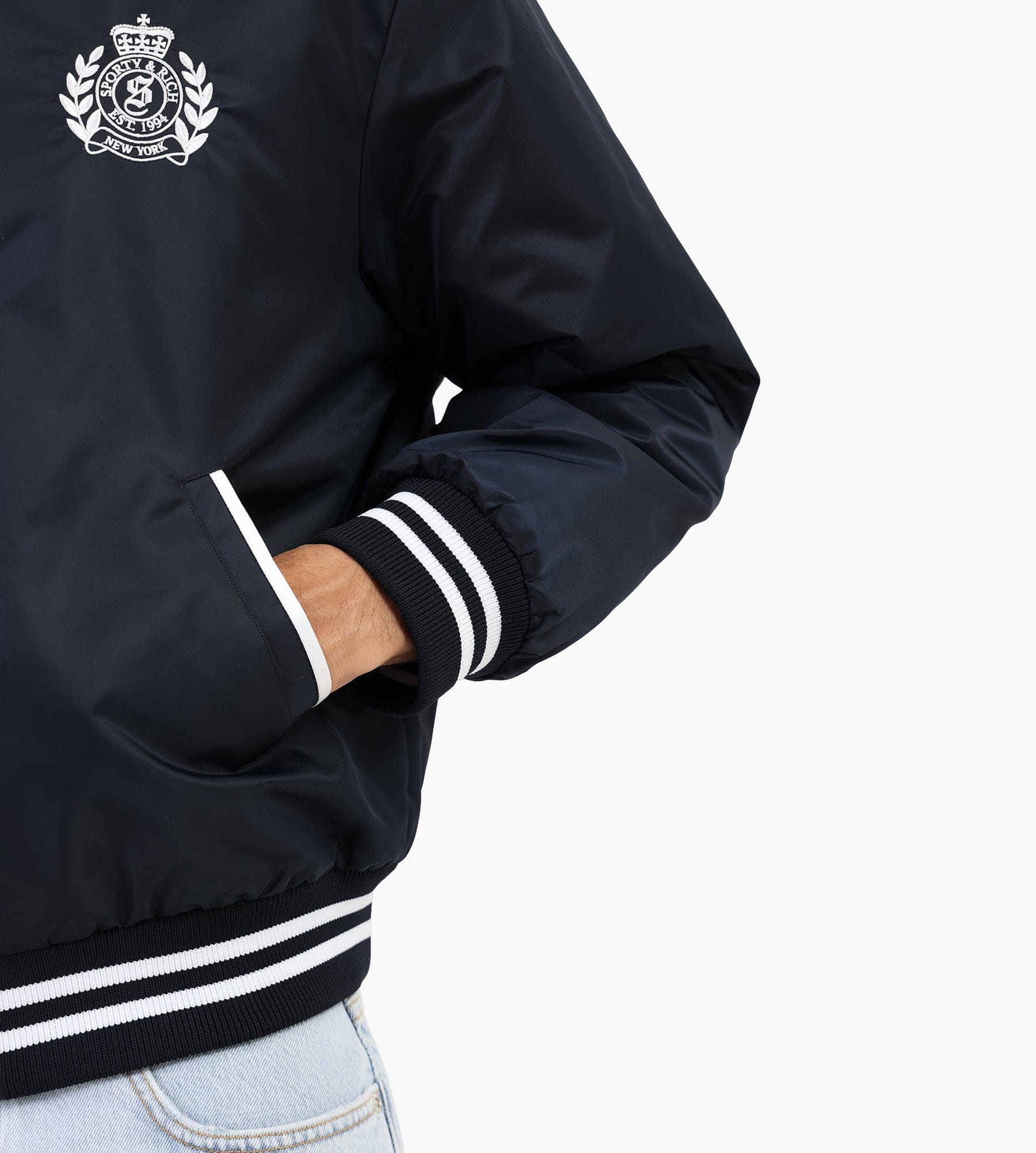 Sporty & Rich H&W Crest Oversized Varsity Jacket Dark Navy White White