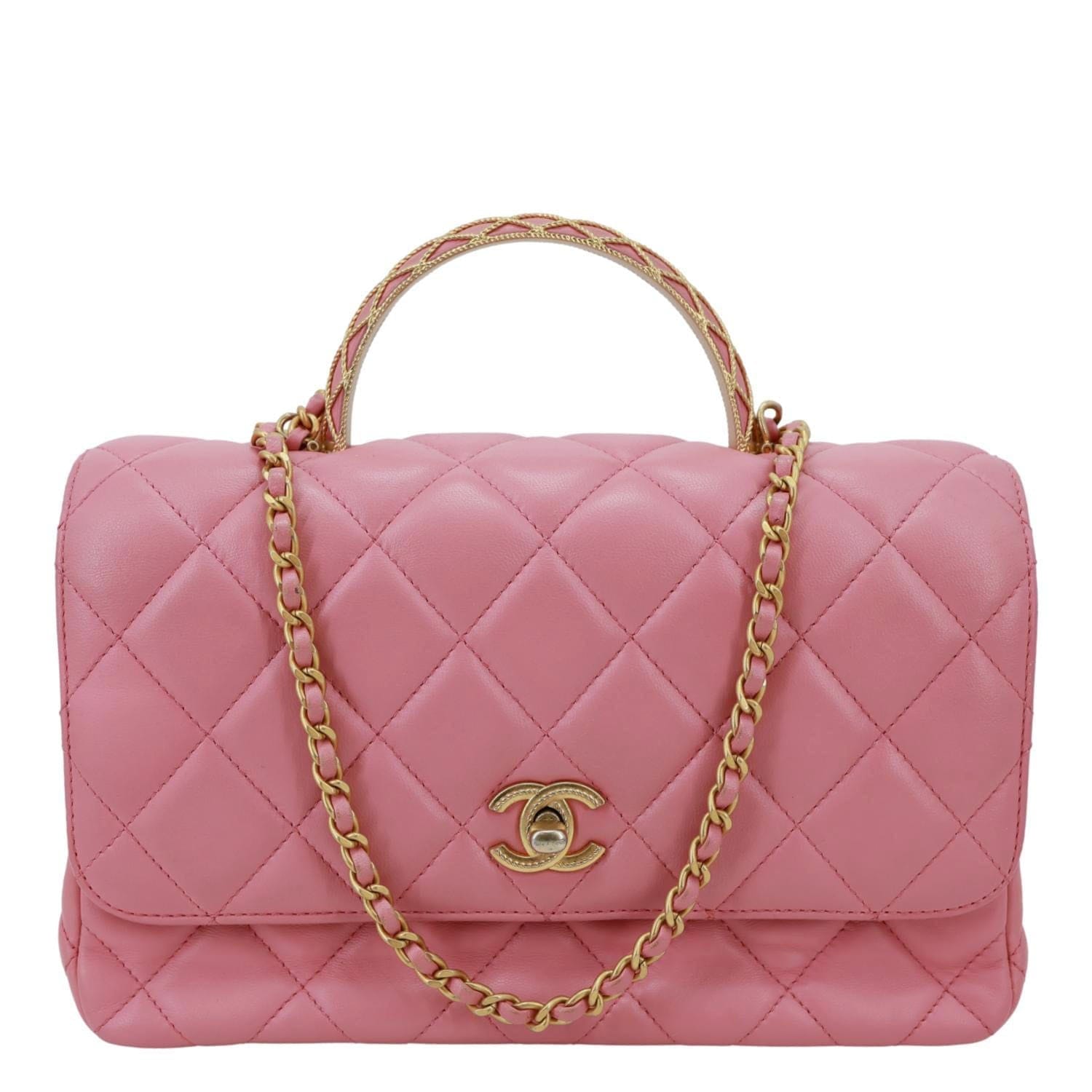 CHANEL Top Handle WOC Quilted Lambskin Leather Wallet On Chain Shoulder Bag Pink
