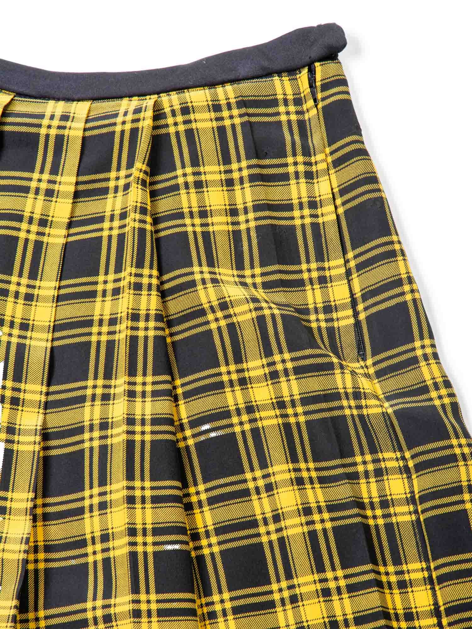Oscar De la Renta Vintage Plaid Pleated Silk Skirt Yellow Black
