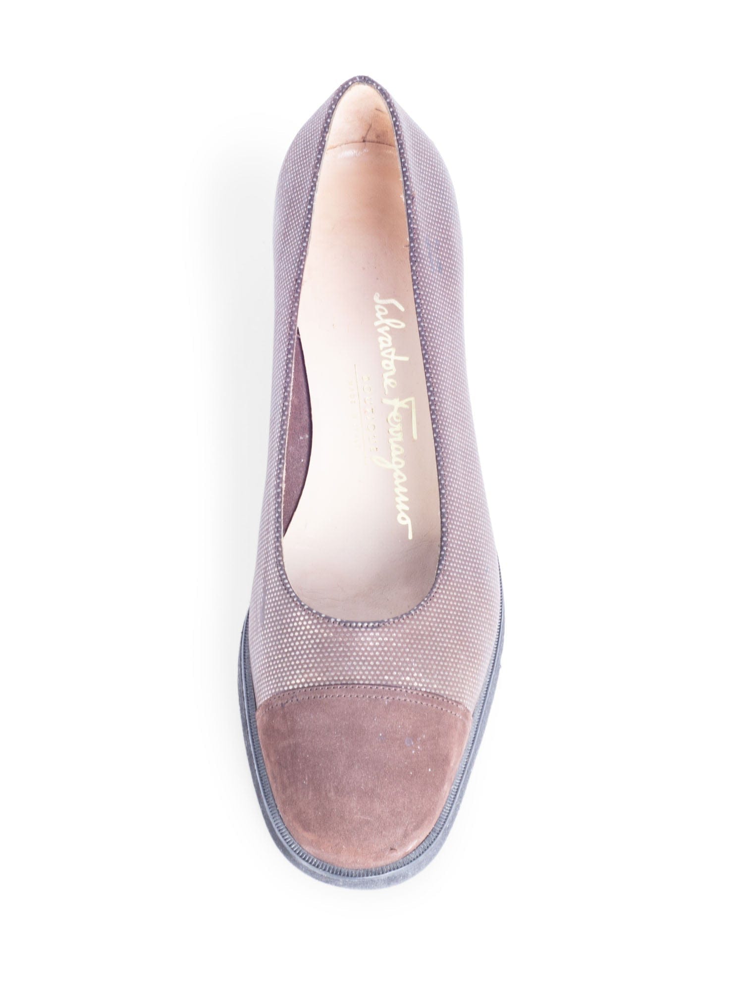 Salvatore Ferragamo Suede Leather Cap Toe Block Heel Shoes Brown