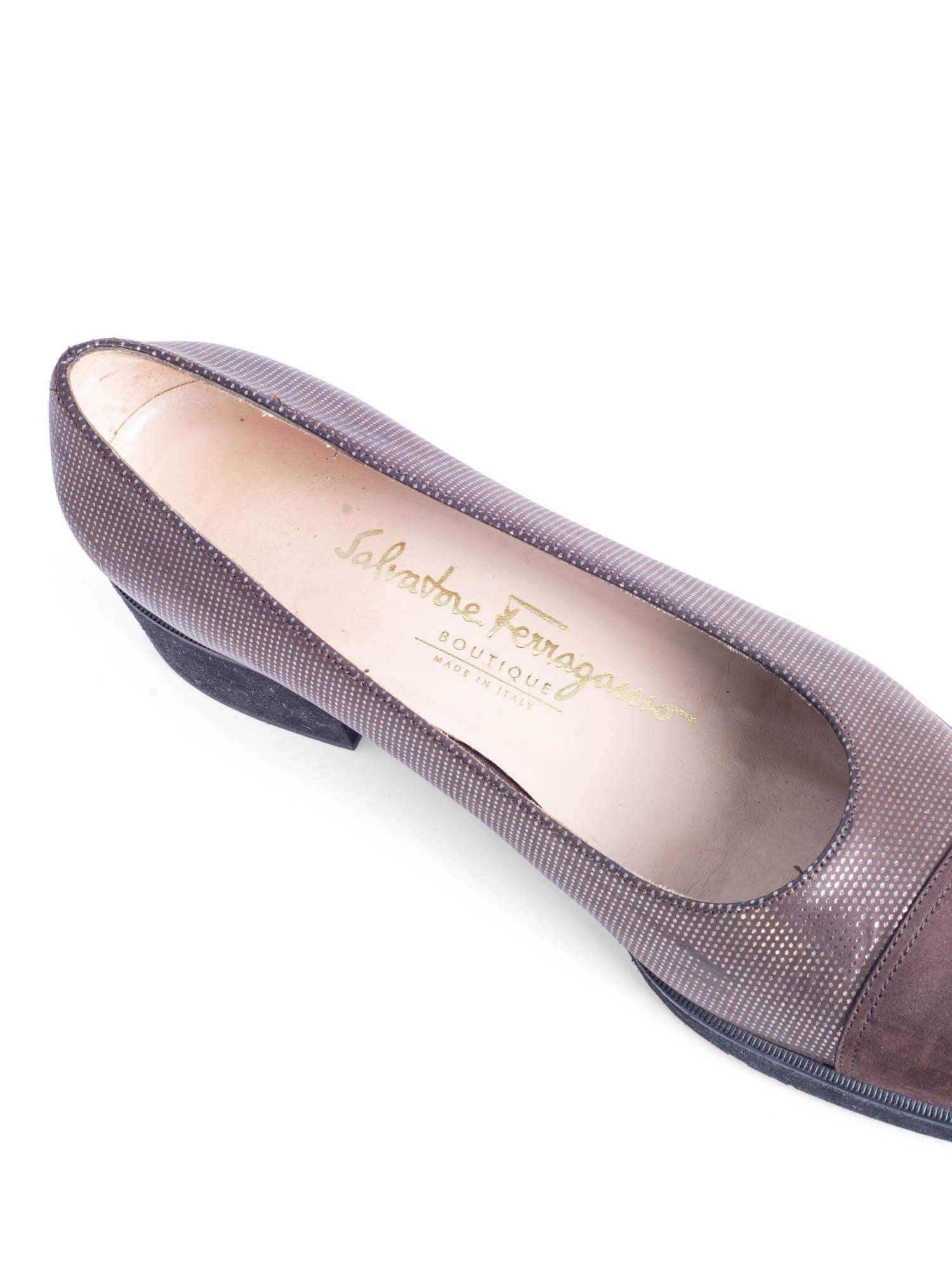 Salvatore Ferragamo Suede Leather Cap Toe Block Heel Shoes Brown