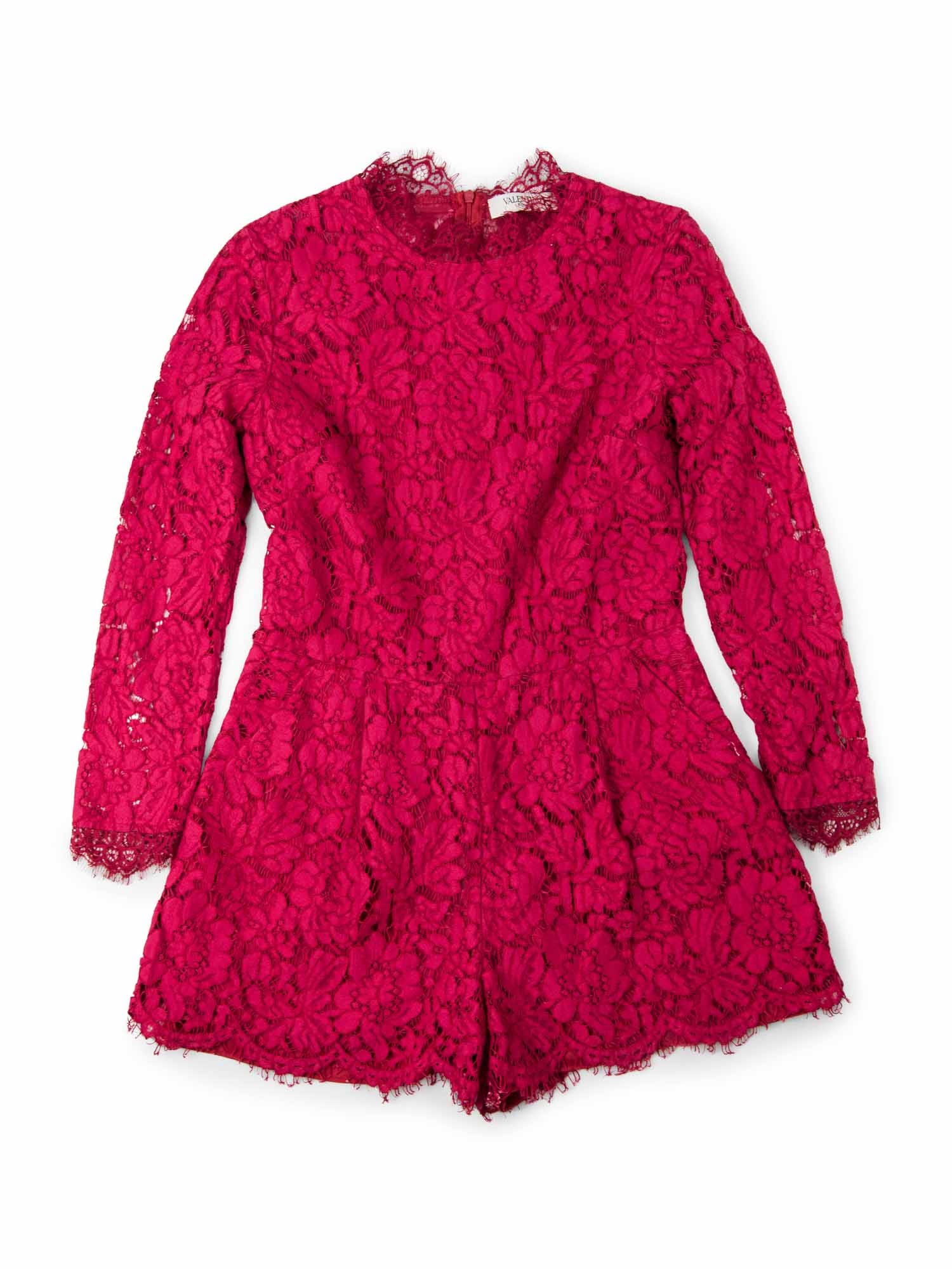 Valentino Silk Cotton Floral Lace Bow Jumpsuit Red