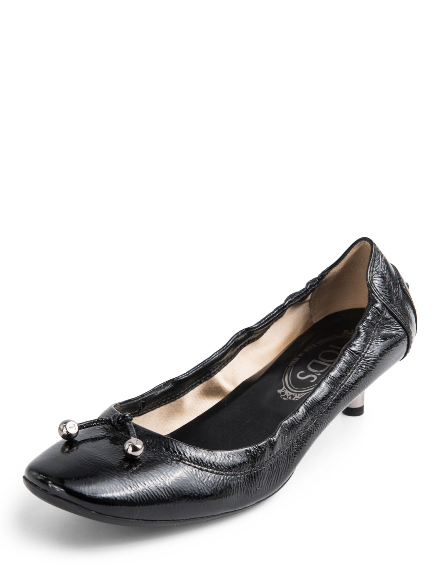 Tod's Patent Leather Logo Ballet Flat Kitten Heel Black