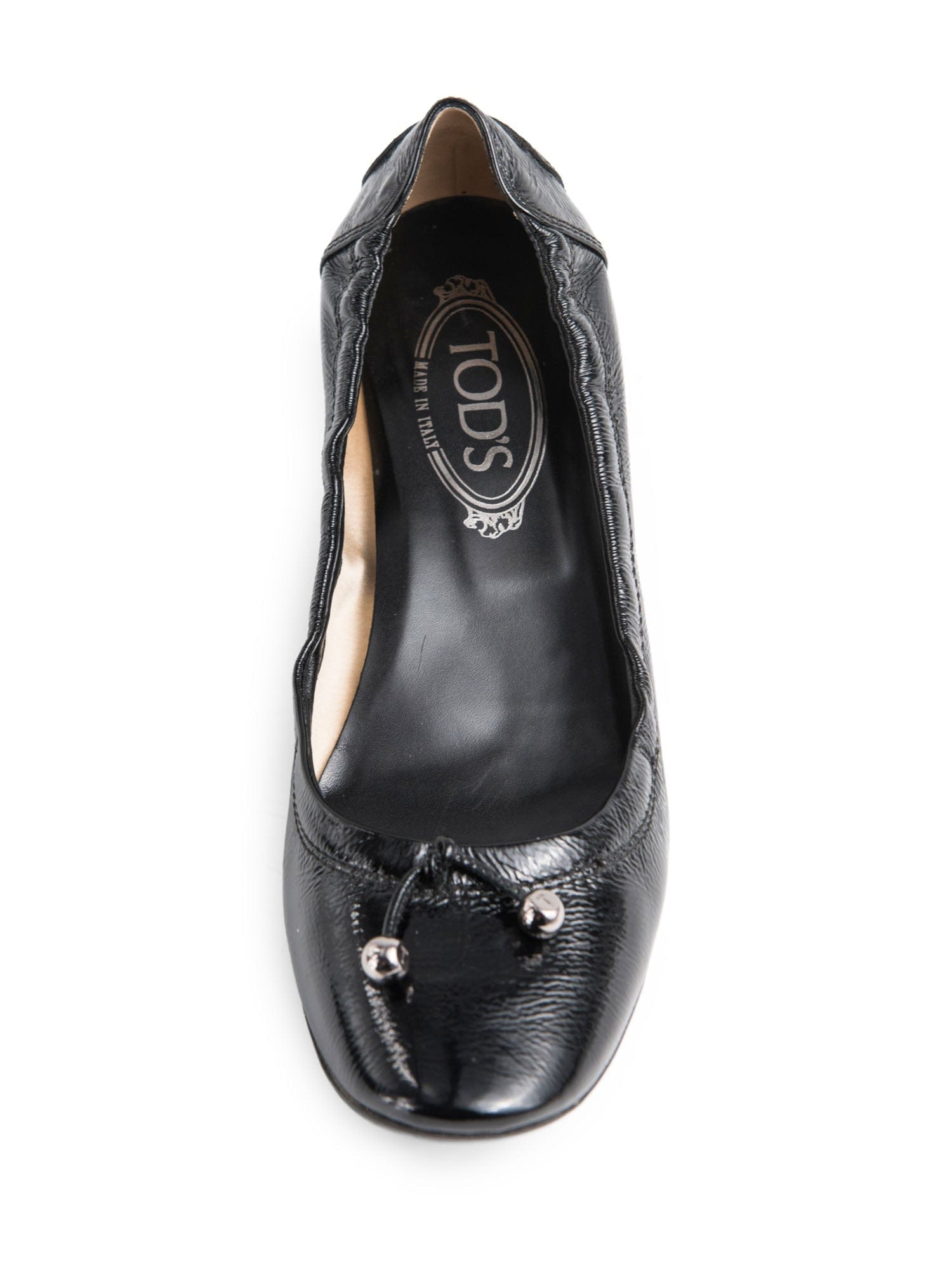 Tod's Patent Leather Logo Ballet Flat Kitten Heel Black