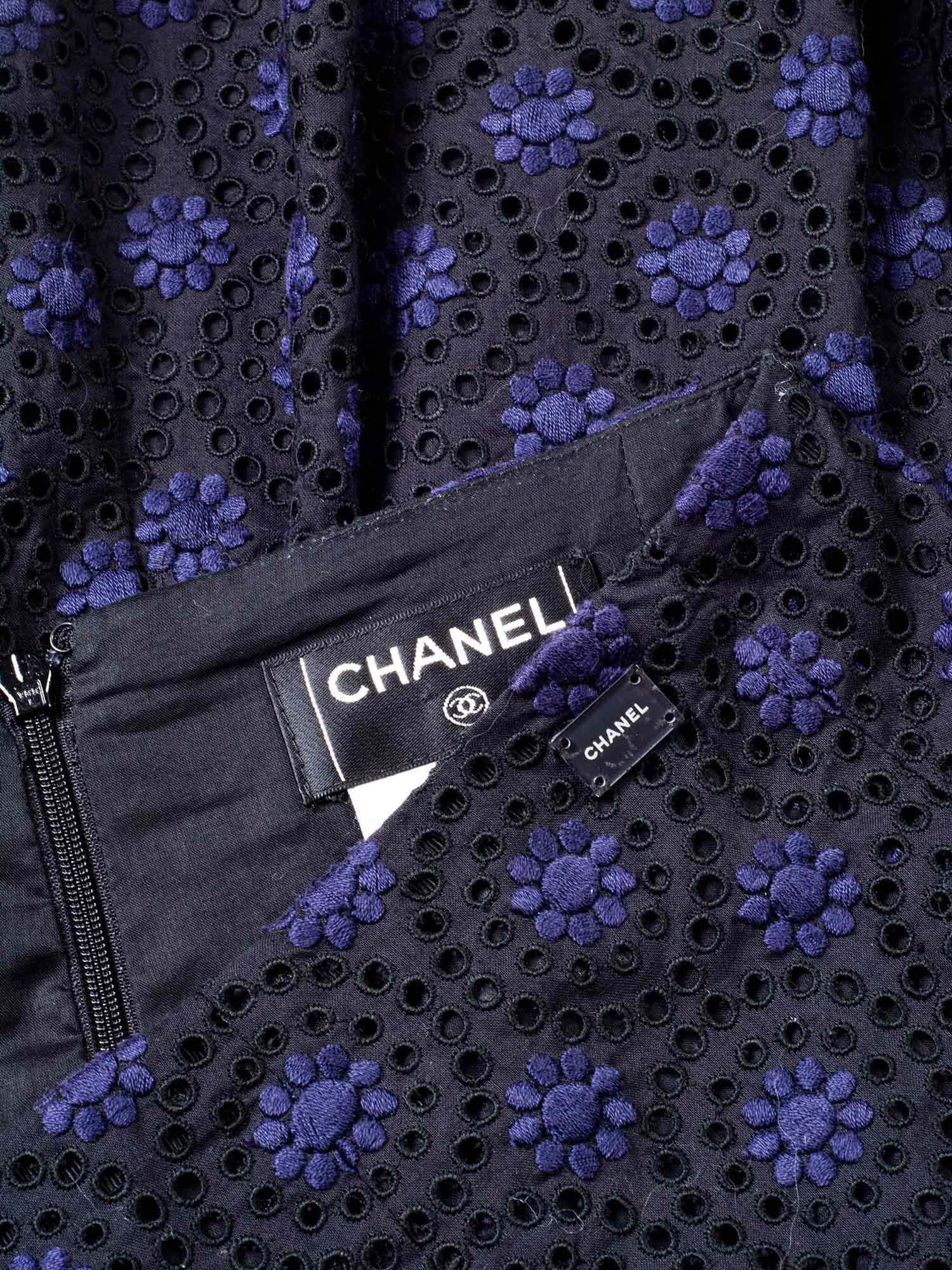 CHANEL Cotton Eyelet A-Line Skirt Black Blue
