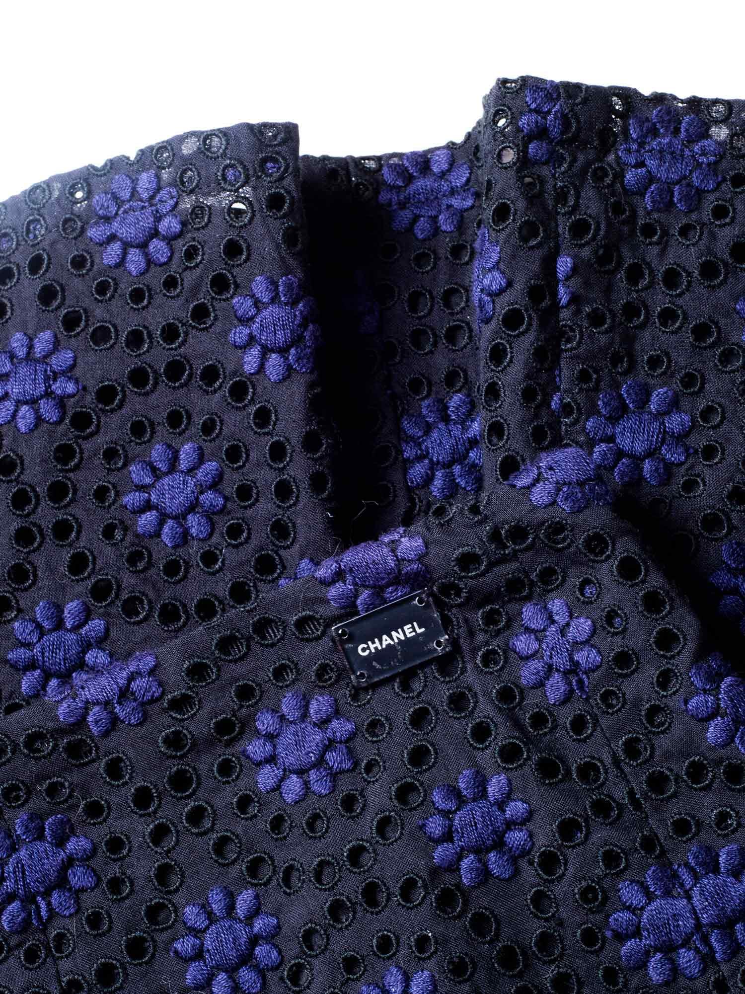 CHANEL Cotton Eyelet A-Line Skirt Black Blue