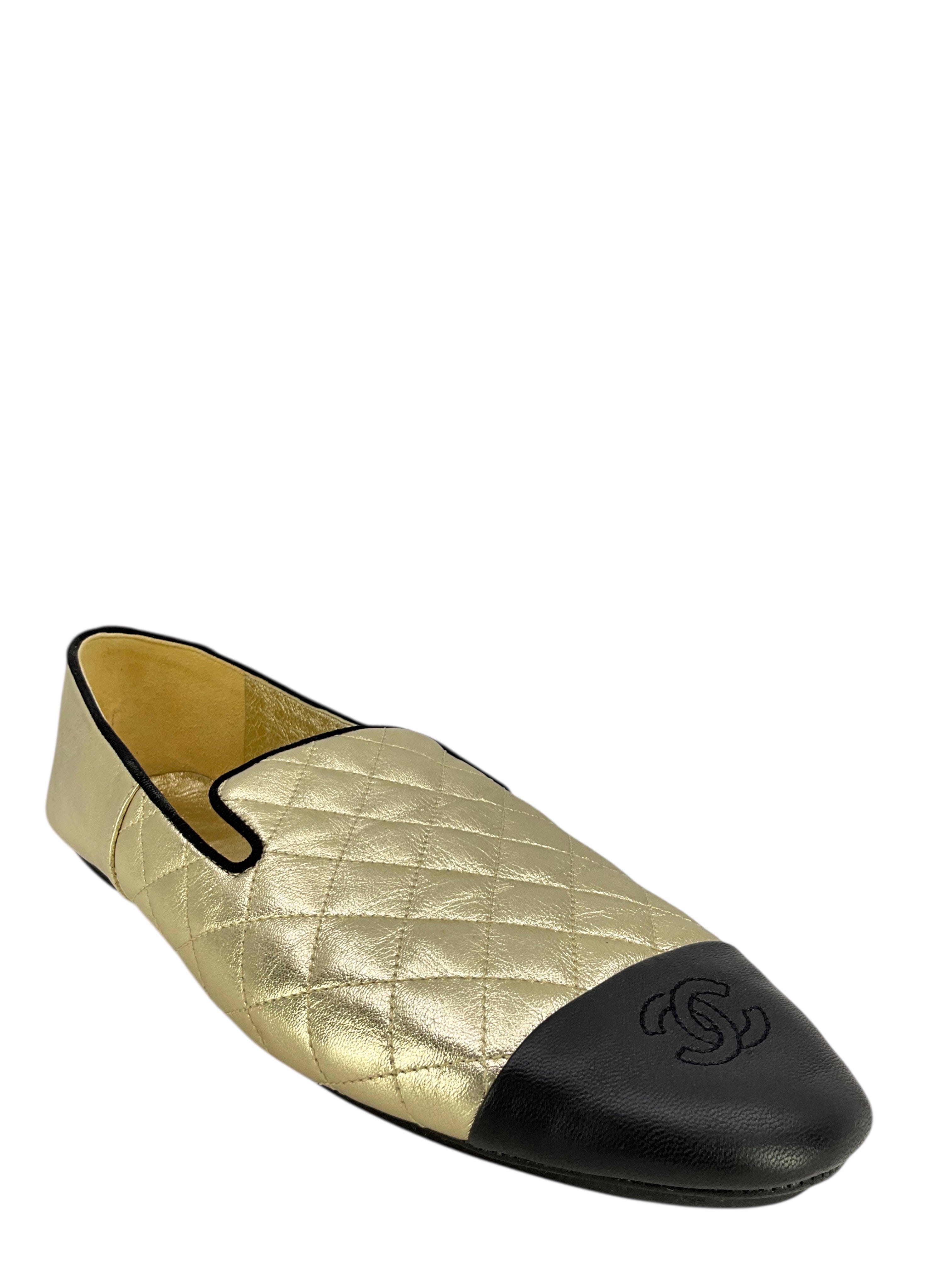 Chanel Laminated Lambskin Quilted CC Cap Toe Loafer Size 12
