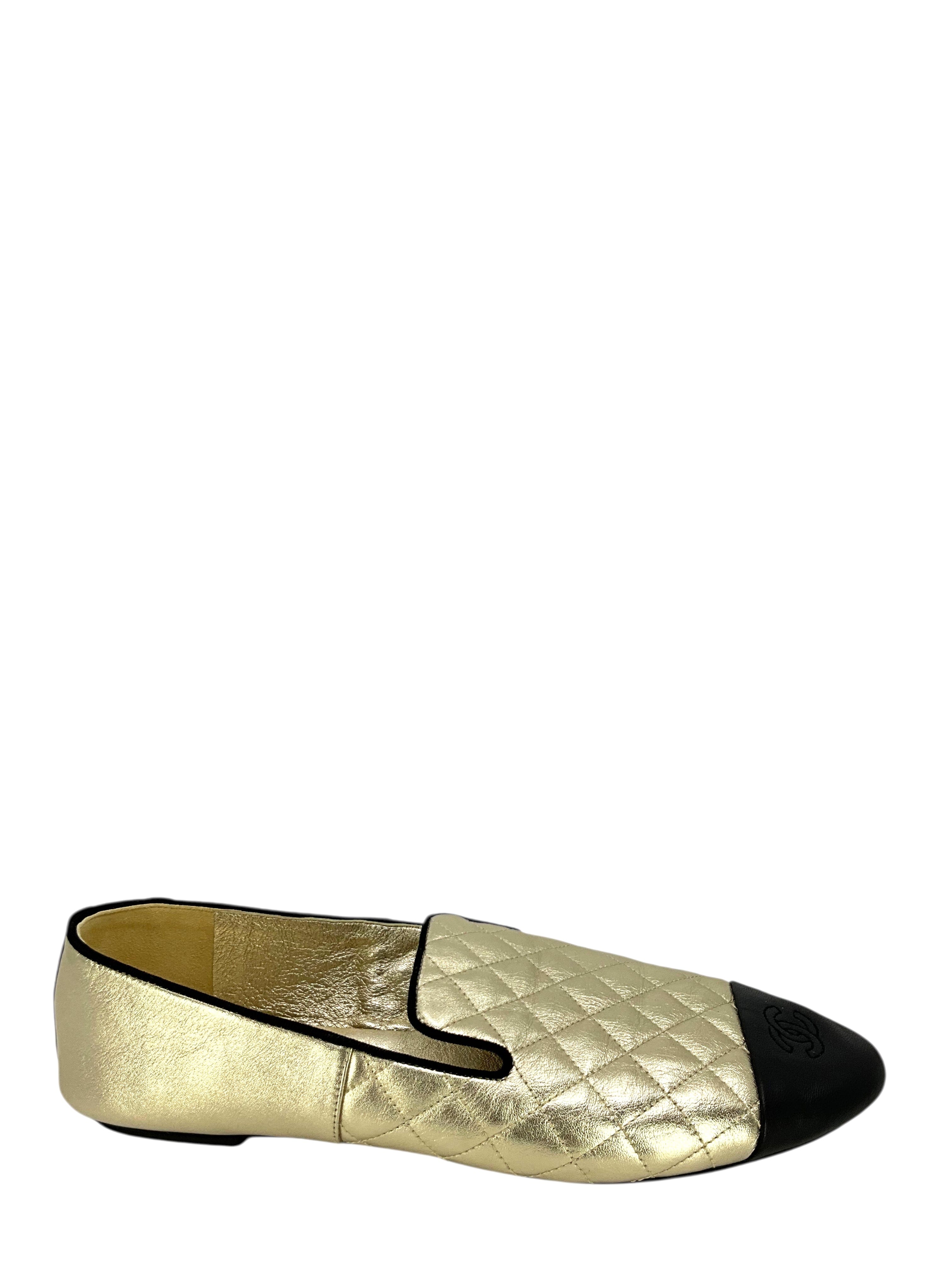 Chanel Laminated Lambskin Quilted CC Cap Toe Loafer Size 12