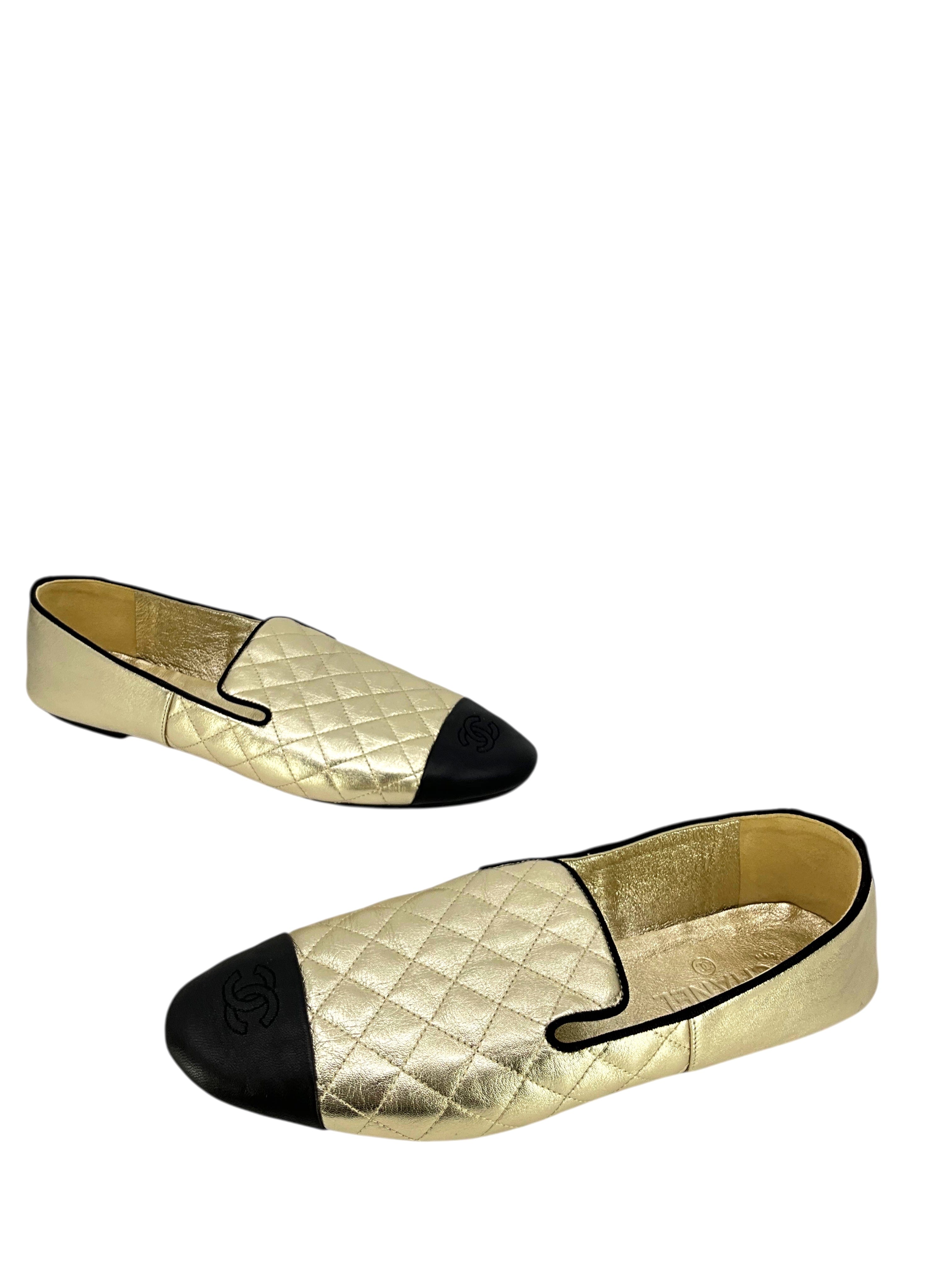 Chanel Laminated Lambskin Quilted CC Cap Toe Loafer Size 12