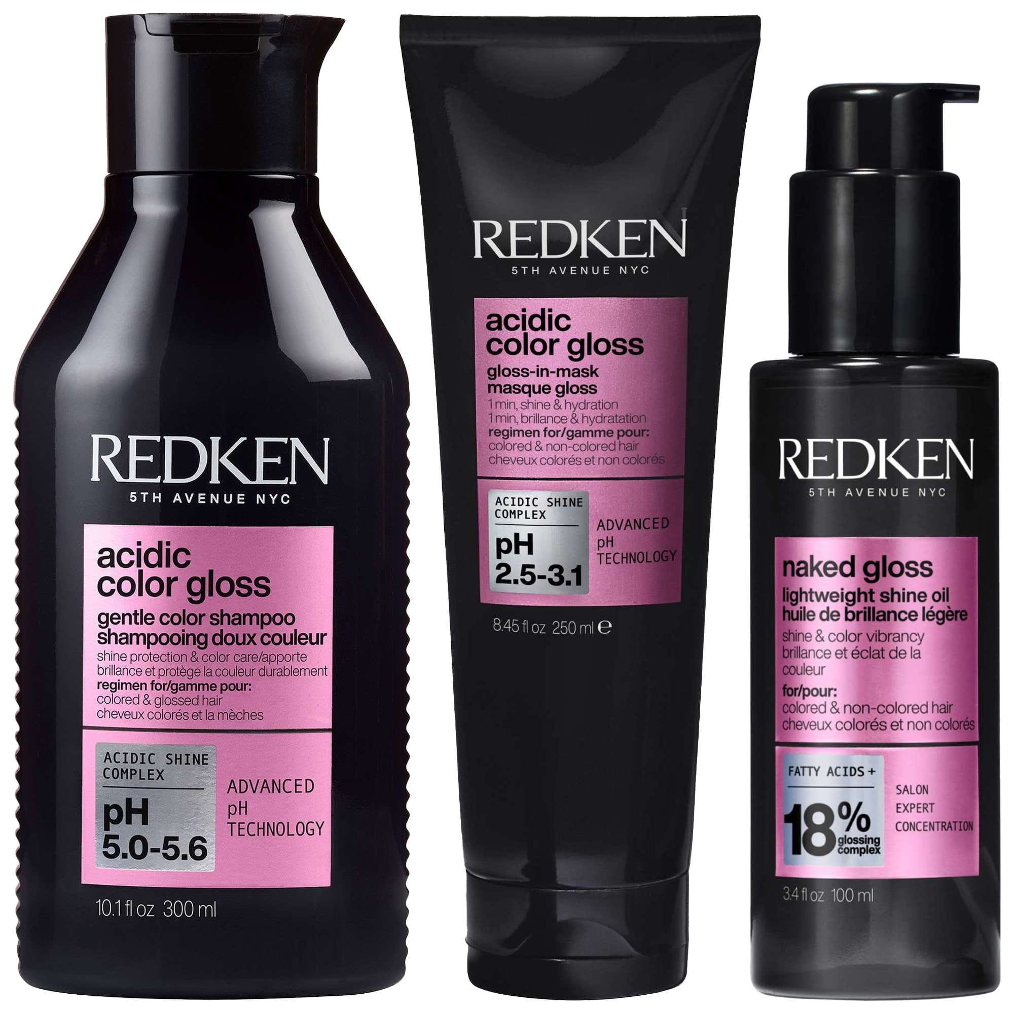 Redken Trio: Acidic Color Gloss Shampoo 300ml, 1 Min Gloss-in-Mask 250ml & Naked Gloss 100ml