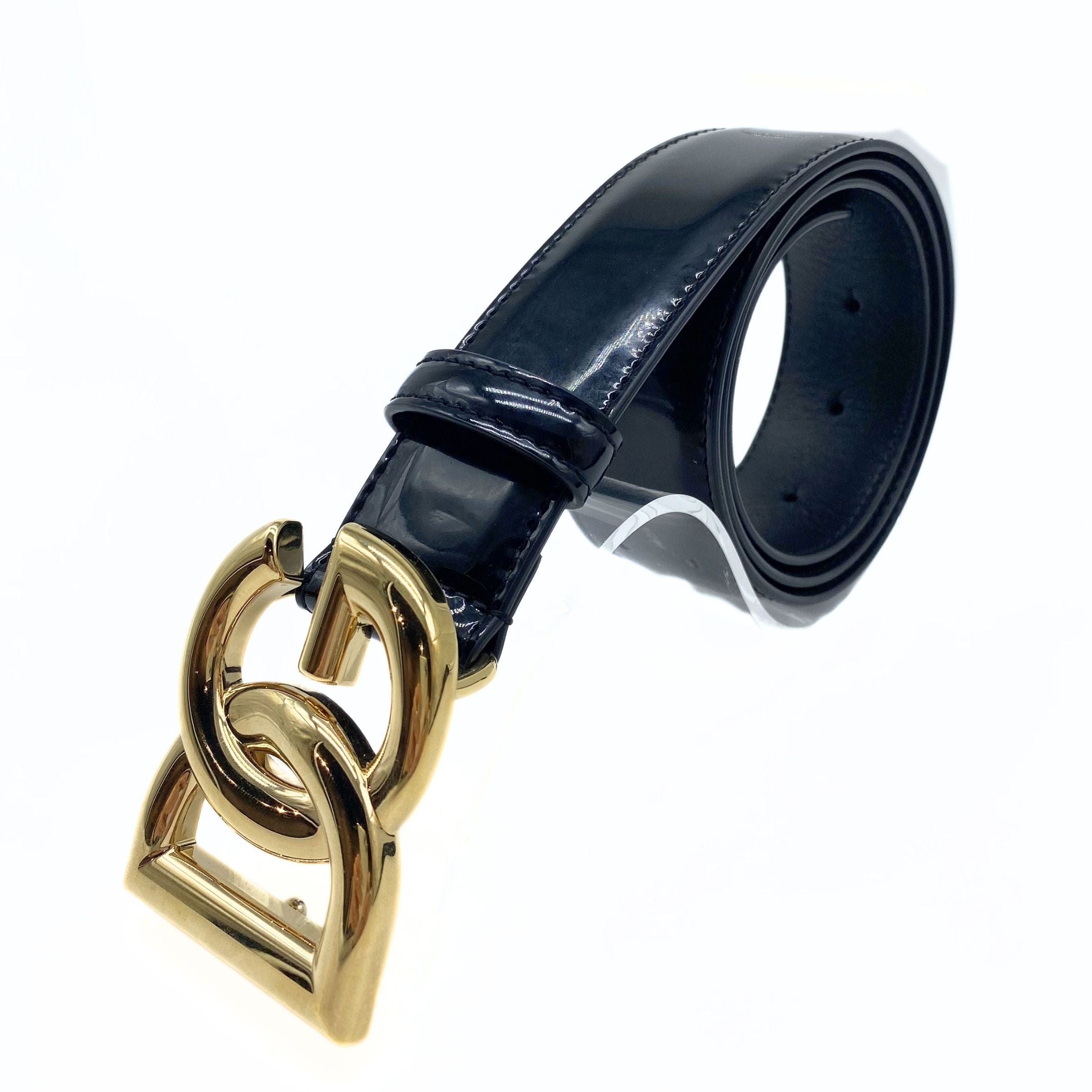 Dolce and Gabbana Black Patent Leather Belt with Gold DG Buckle