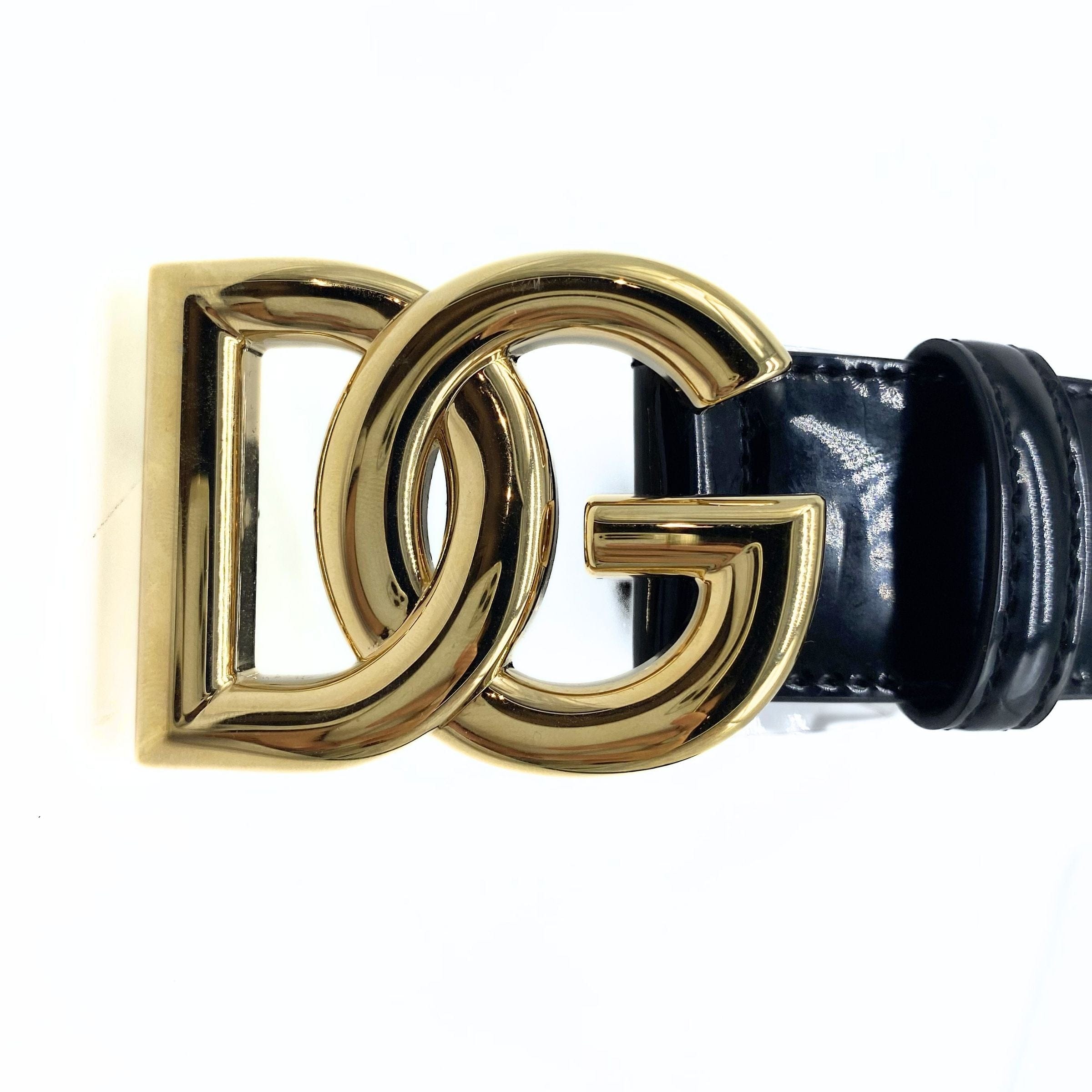 Dolce and Gabbana Black Patent Leather Belt with Gold DG Buckle
