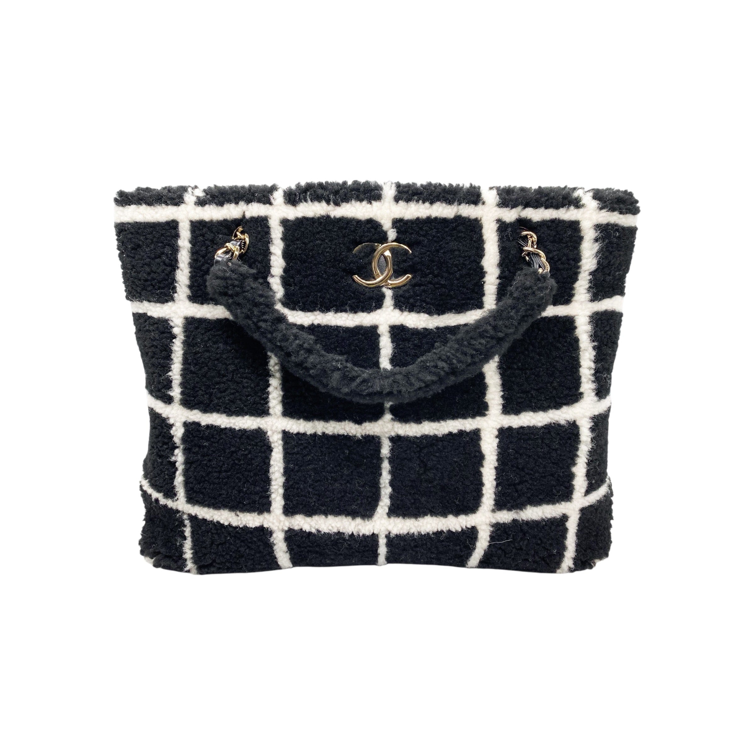 Chanel Black White Shearling Grid Tote bag
