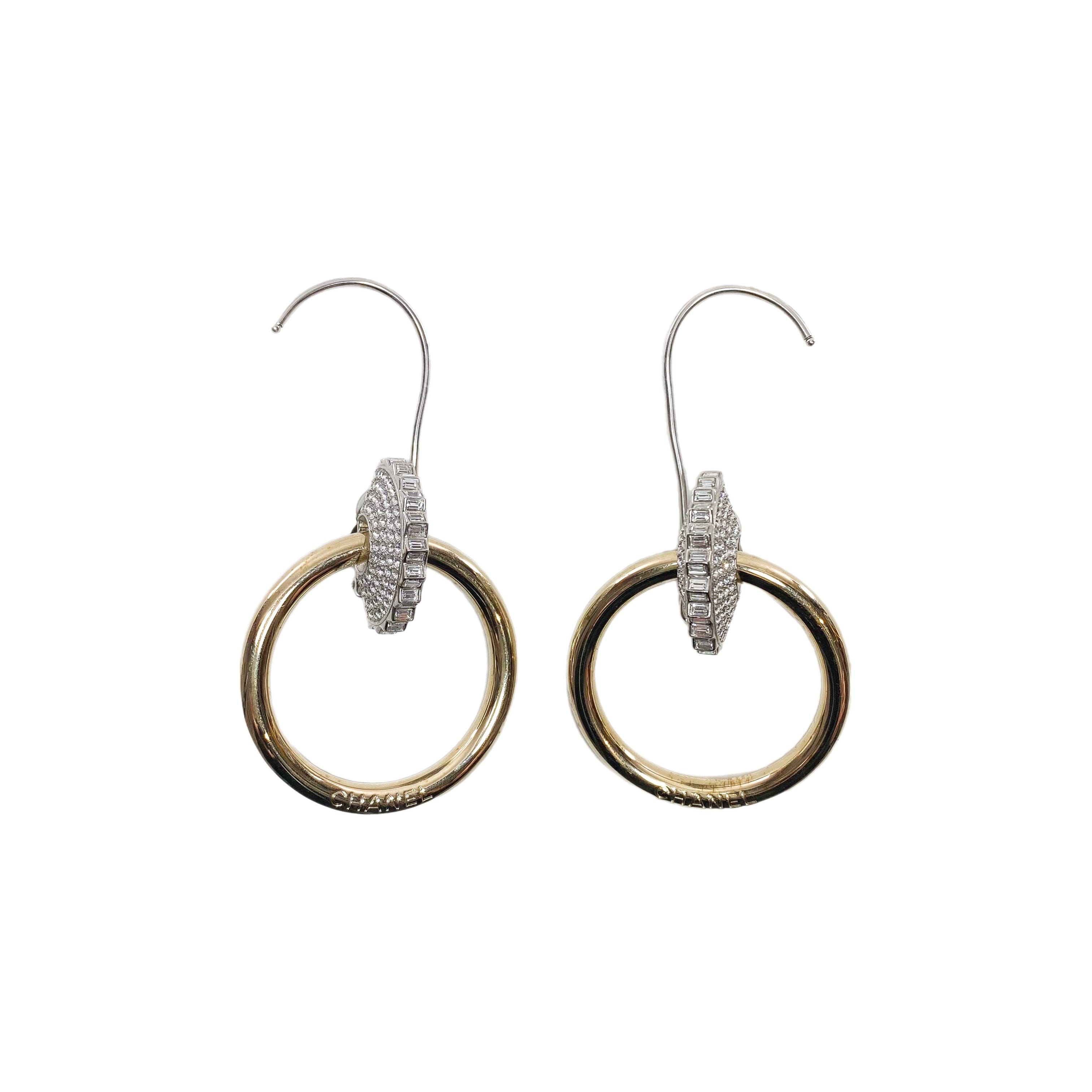 Chanel Light Gold Paris-Rome Strass Hoop Drop Clip On Earrings