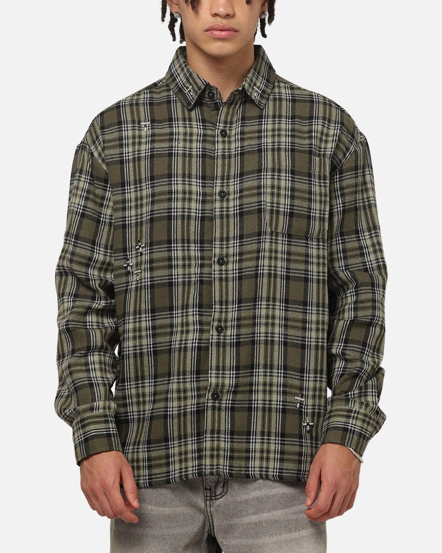 Saint Morta Credo Plaid Long Sleeve Button Up Shirt Green-plaid