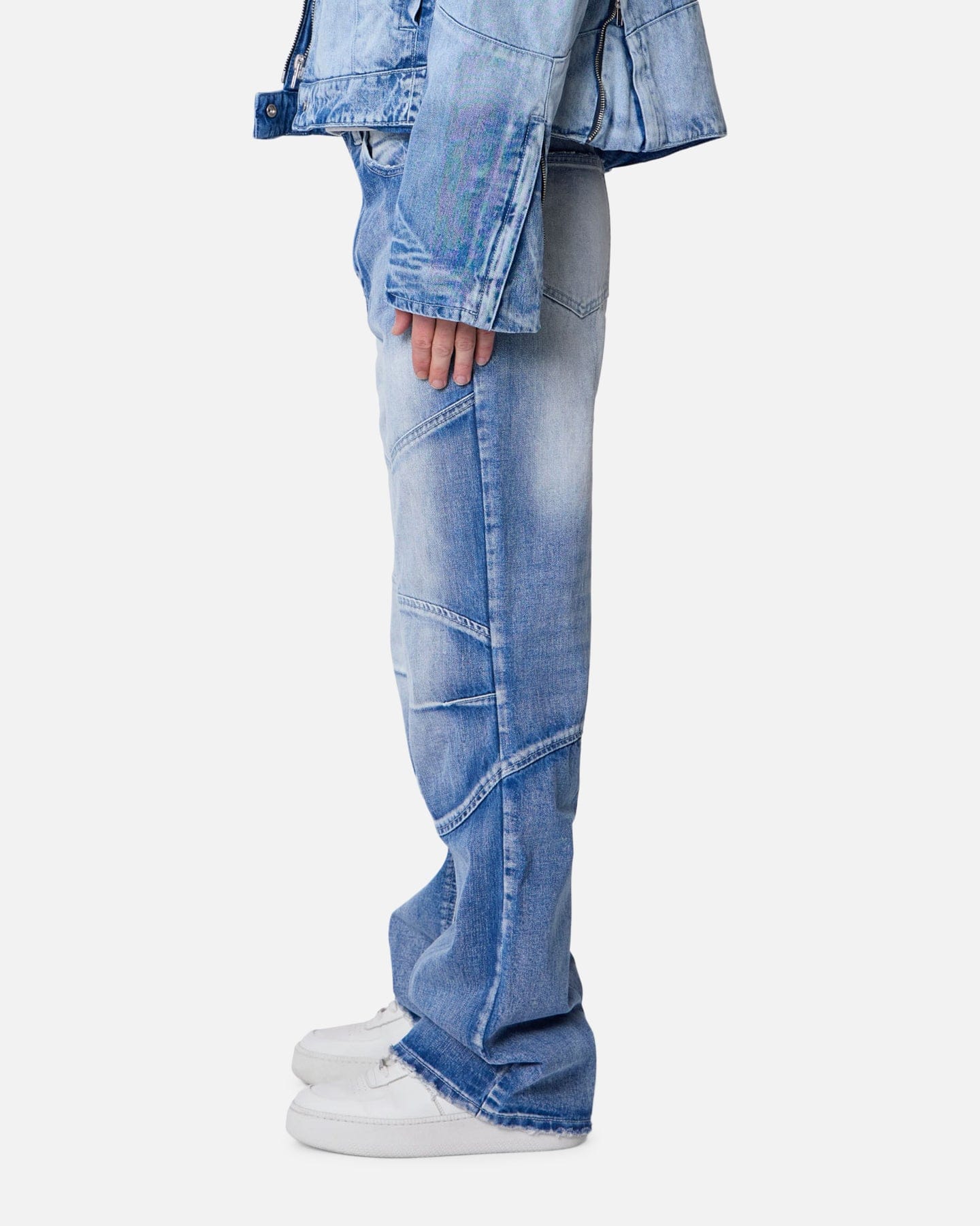 MNML Panelled Moto Denim Jeans Washed Blue