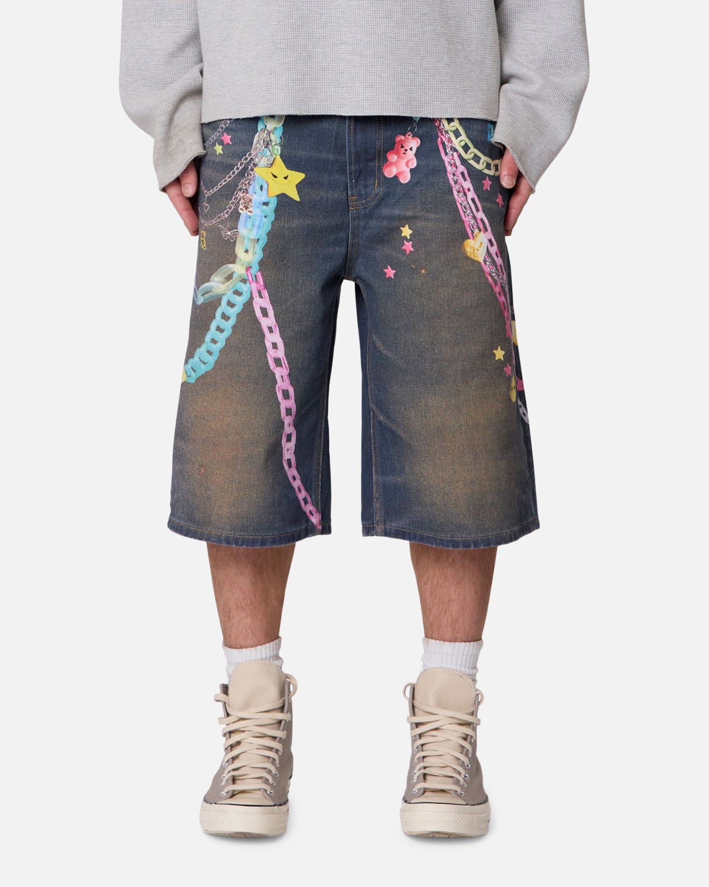 MNML Ultra Baggy Chain Printed Denim Shorts Blue