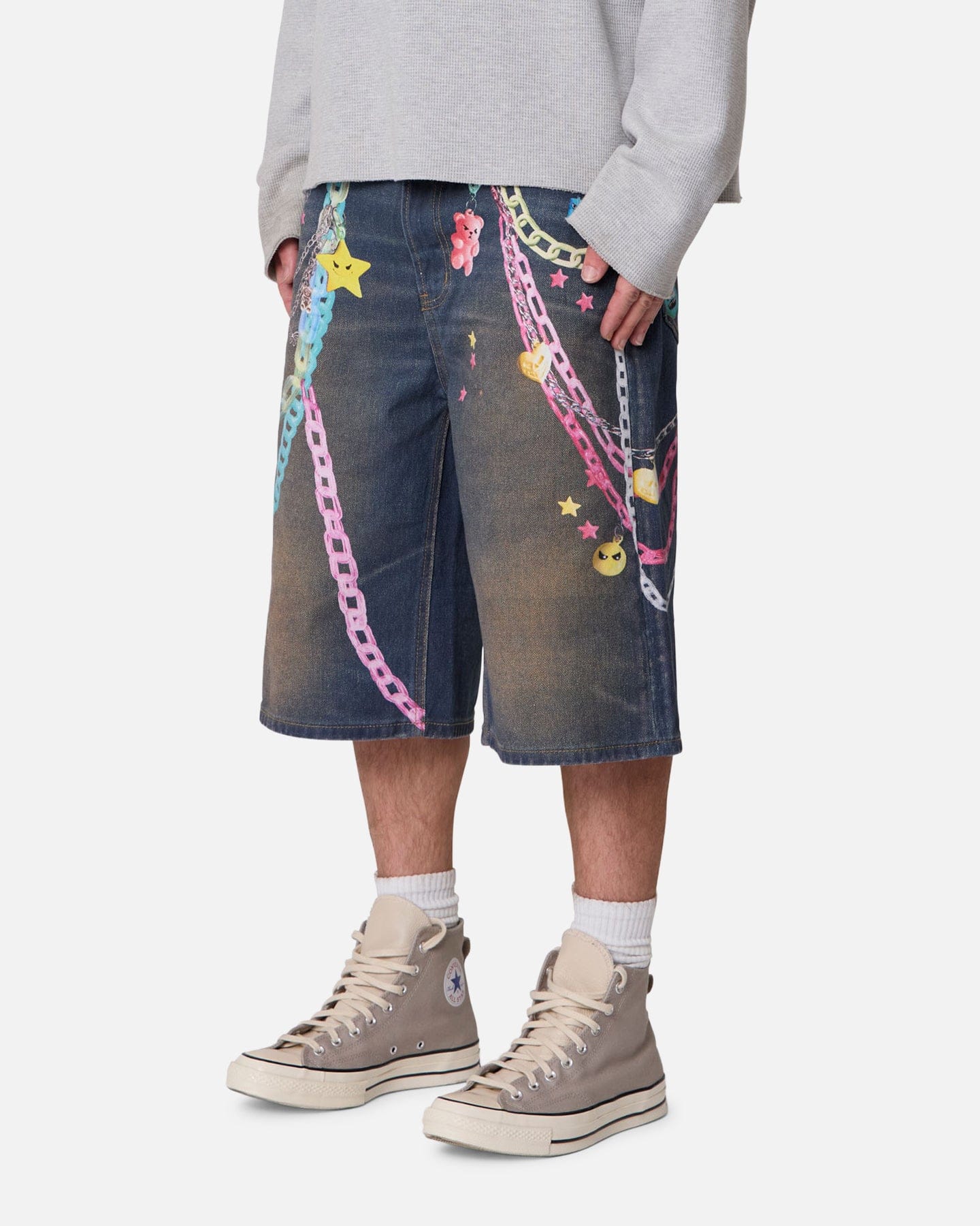 MNML Ultra Baggy Chain Printed Denim Shorts Blue