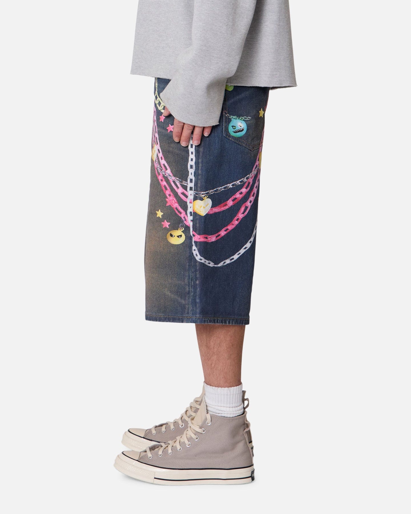 MNML Ultra Baggy Chain Printed Denim Shorts Blue