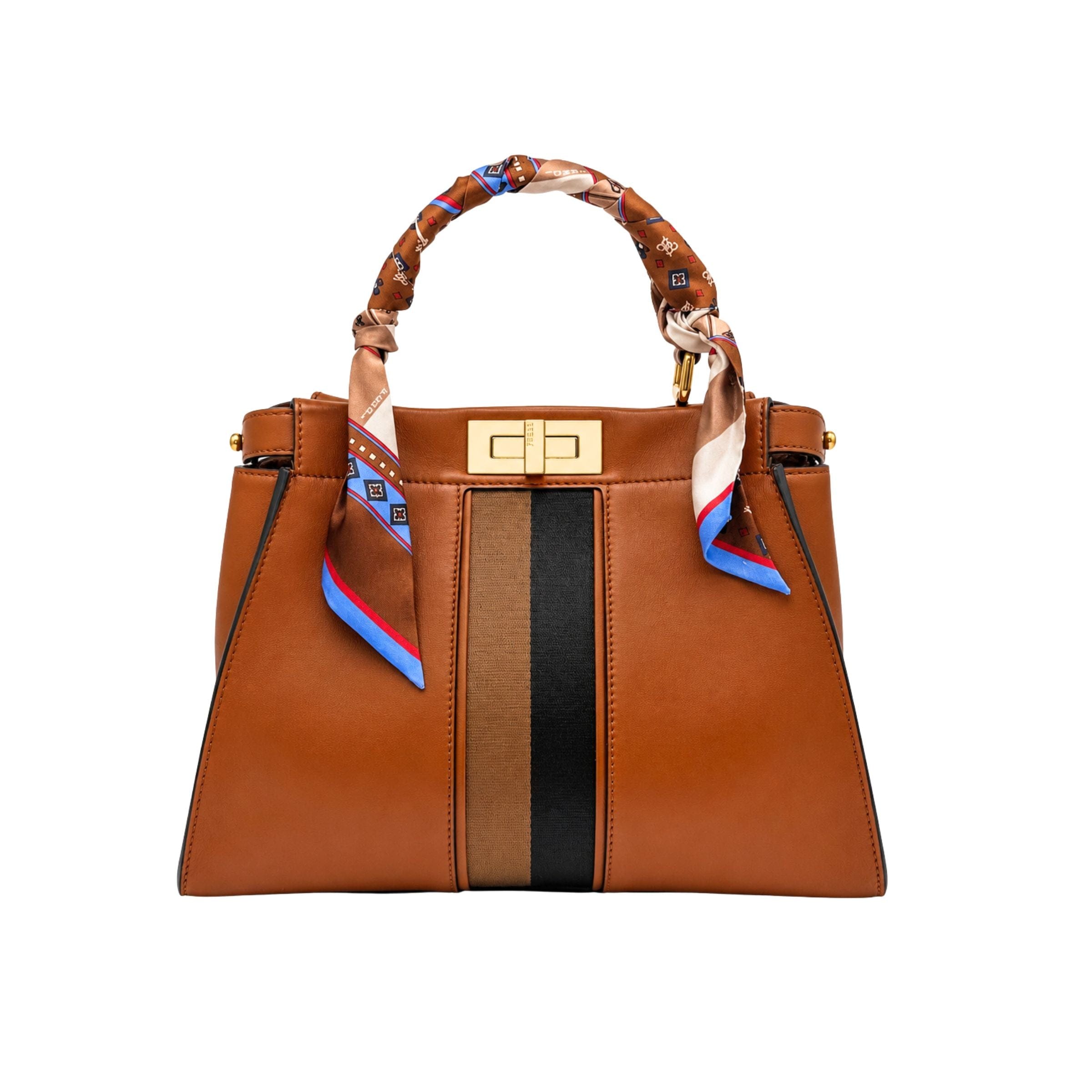 Fendi Peekaboo Medium Camel with Canvas Handbag with Twilly