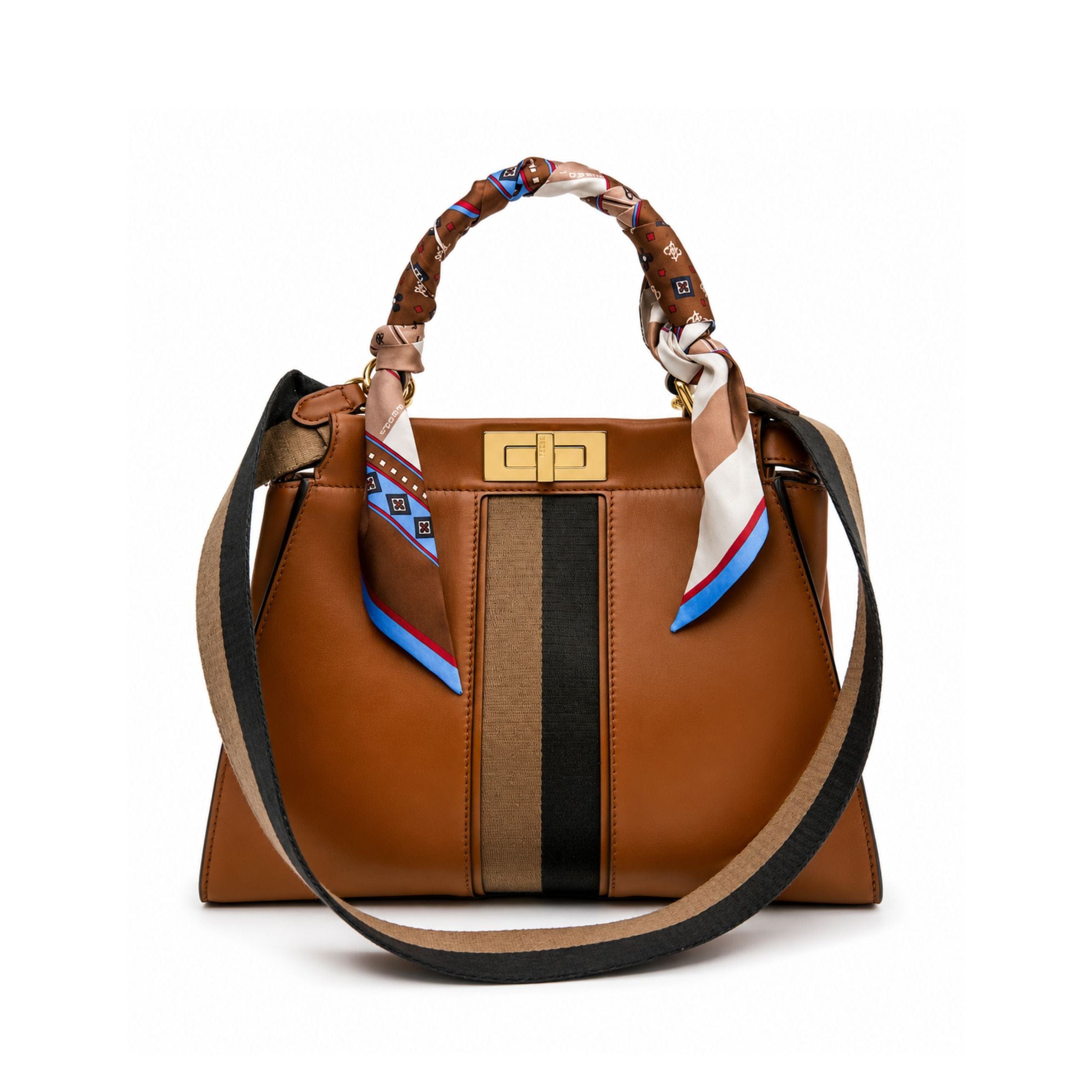 Fendi Peekaboo Medium Camel with Canvas Handbag with Twilly