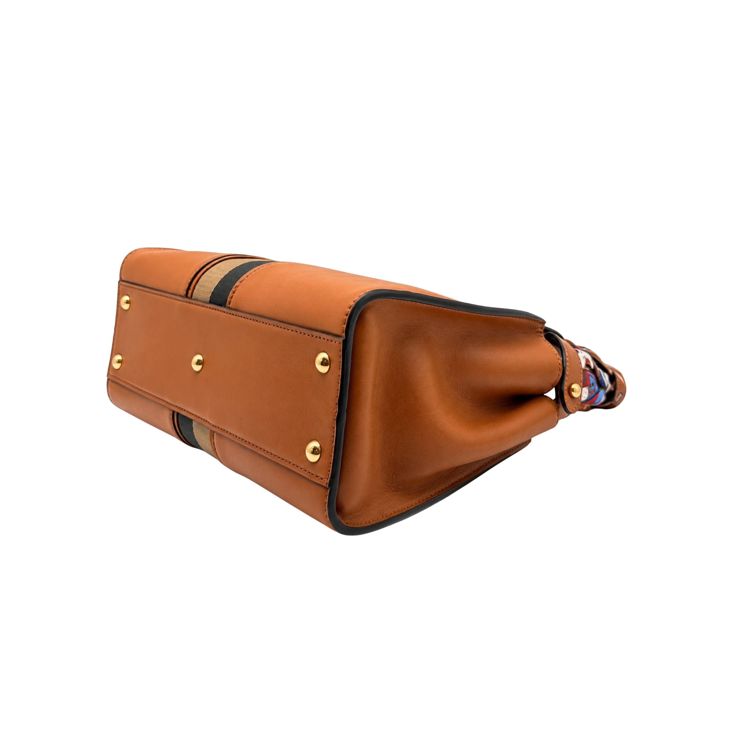 Fendi Peekaboo Medium Camel with Canvas Handbag with Twilly