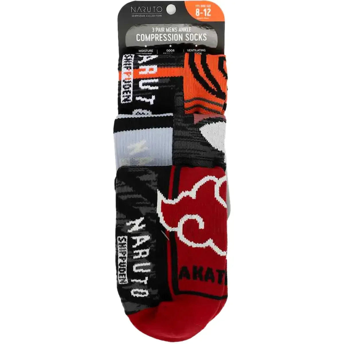 Bioworld Naruto - Akatsuki, Uchiha & Uzumaki Men's Athletic Ankle Compression Socks Set (3 Pairs) - Bioworld